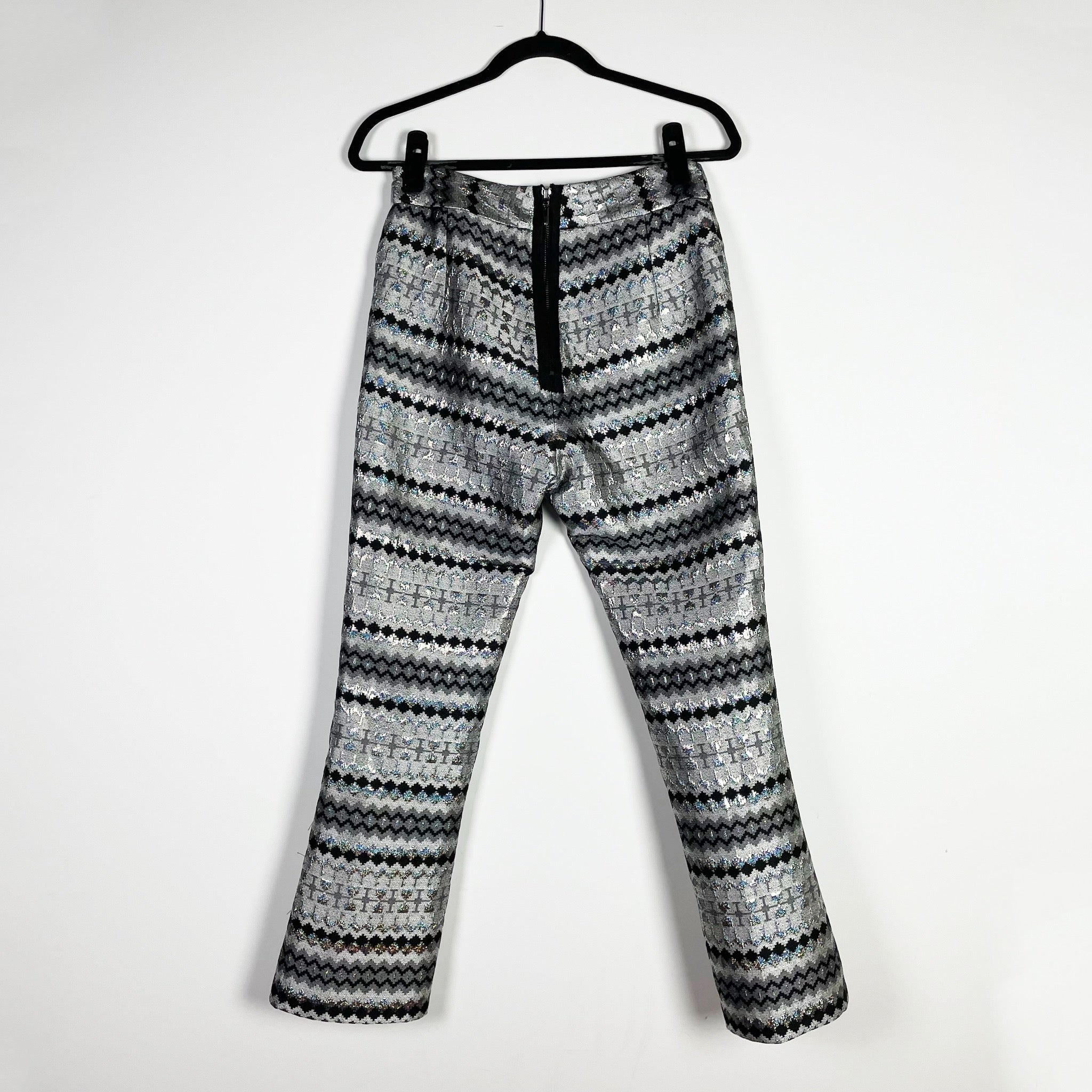 Maticevski Silver Metallic Black Abstract Print Pattern Ankle Trouser Pants