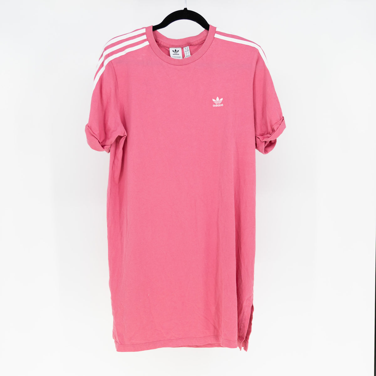 Adidas Women's Cotton Crew Neck Short Sleeve Three Stripe Tee Shirt Dress Pink M