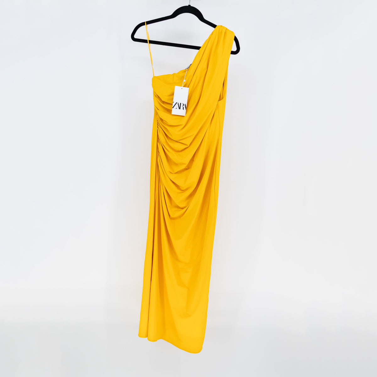 NEW Zara Stretch Knit Ruched One Shoulder Bodycon Midi Dress Yellow Large