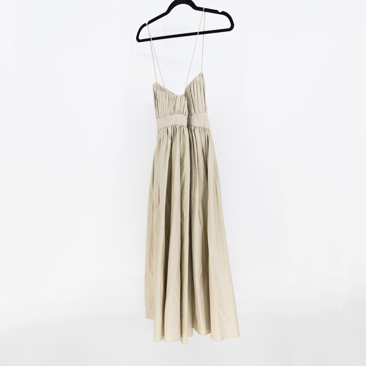 NEW ASOS Cotton Ruched Pleated Bodice Fit Flare Midi Dress Neutral 10