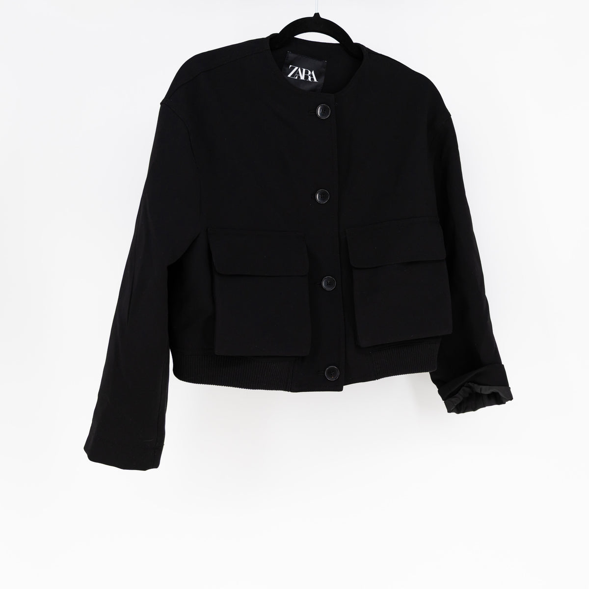 Zara Women's Crepe Button Front Multi Pocket Structured Jacket Solid Black M