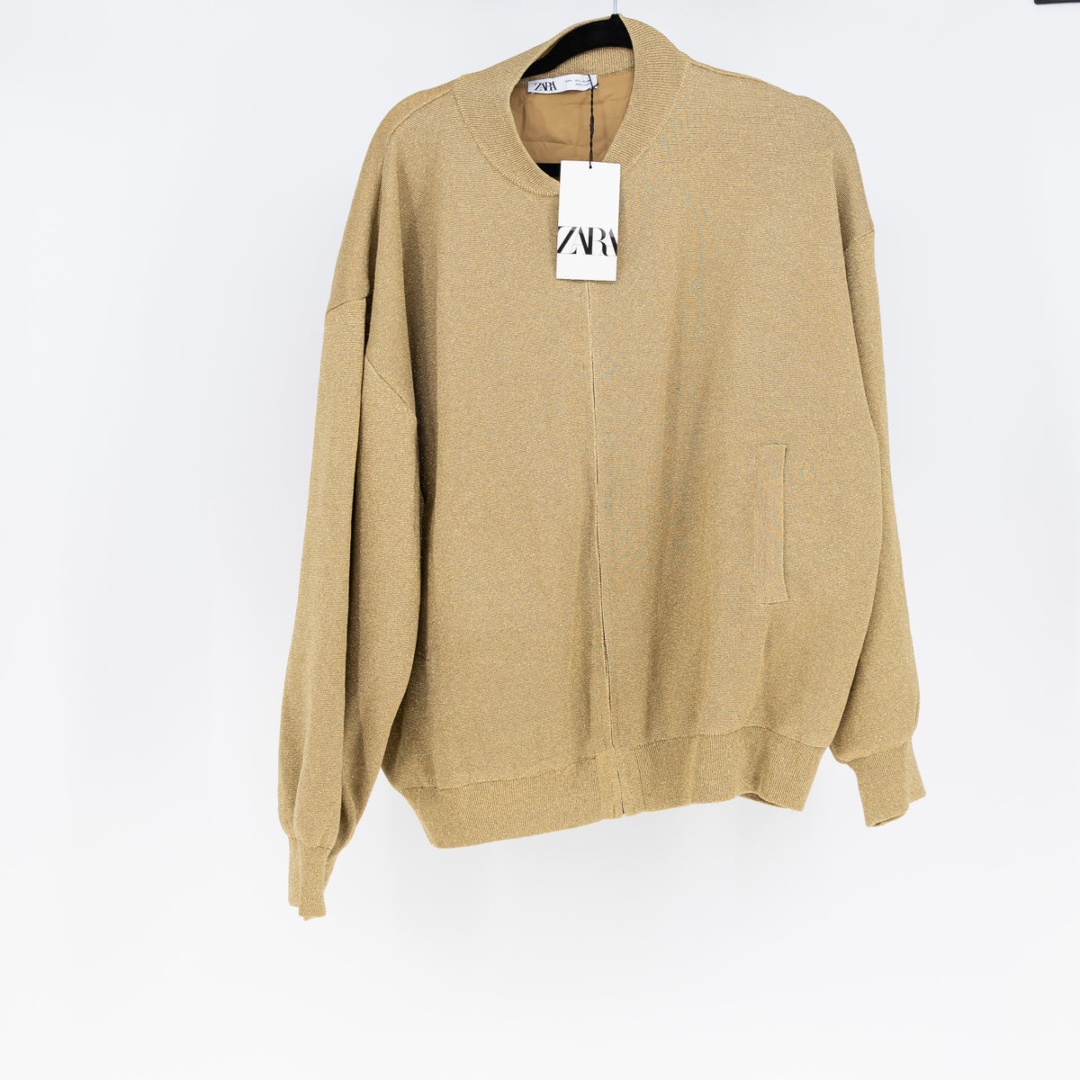 NEW Zara Gold Metallic Sparkle Knit Stretch Invisible Zipper Lightweight Jacket