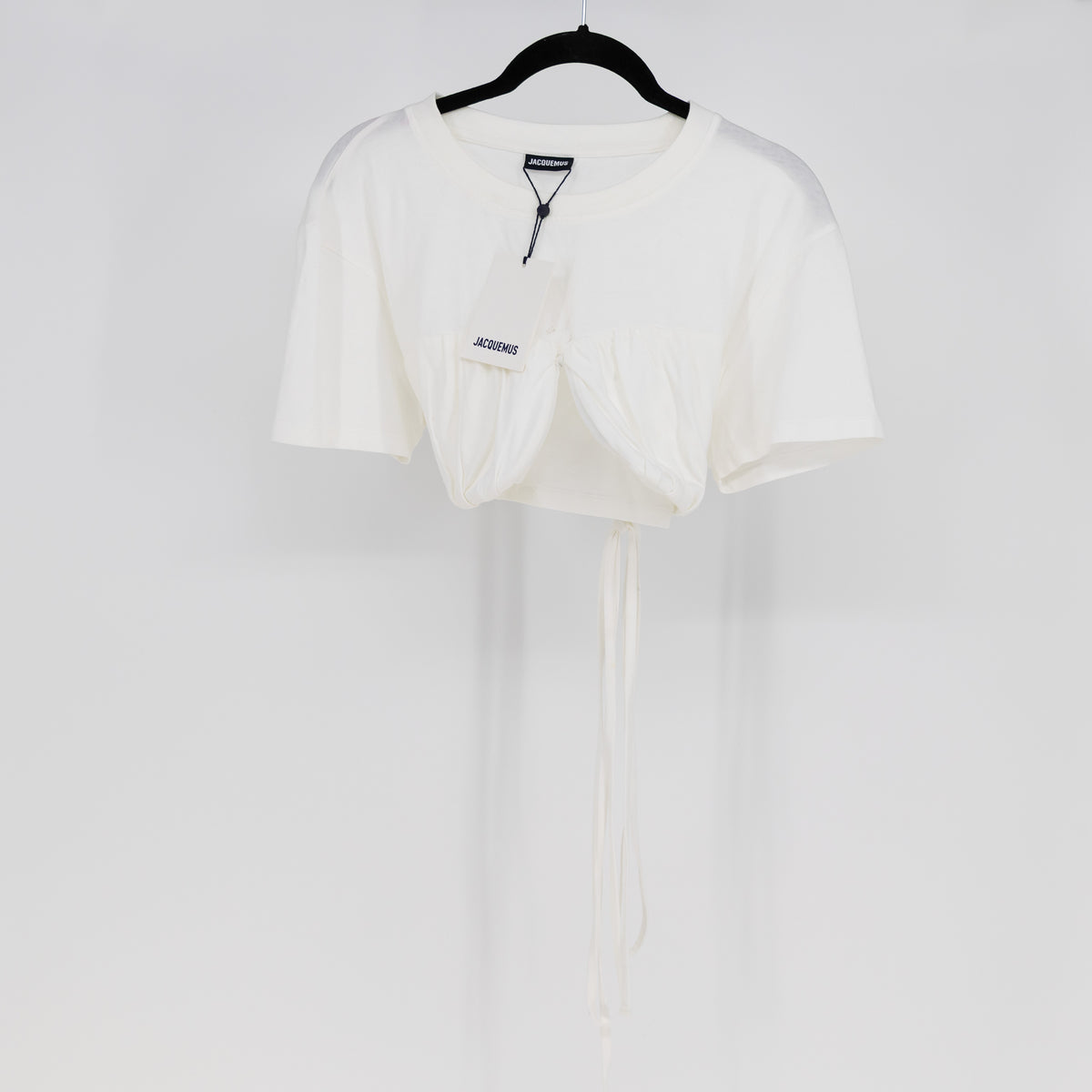 NEW Jacquemus Le Baci Short Sleeve Cotton Lace Tie Up Cropped T-Shirt White XL