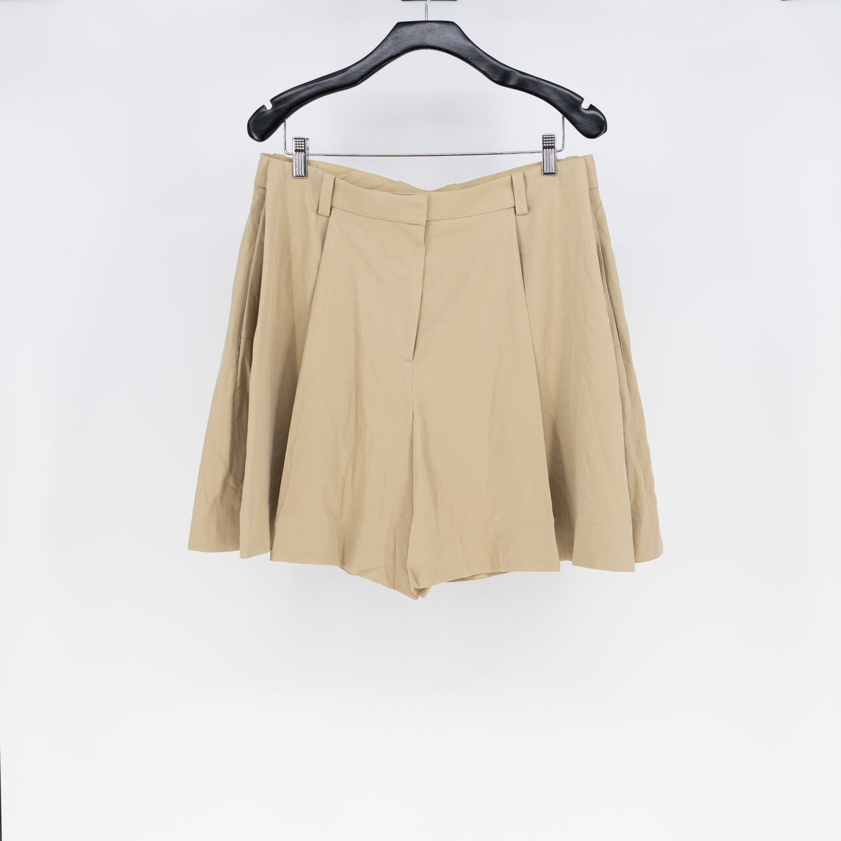 COS Women's Silk Woven High Waisted Loose Fit Pleated Mini Khaki Shorts 12
