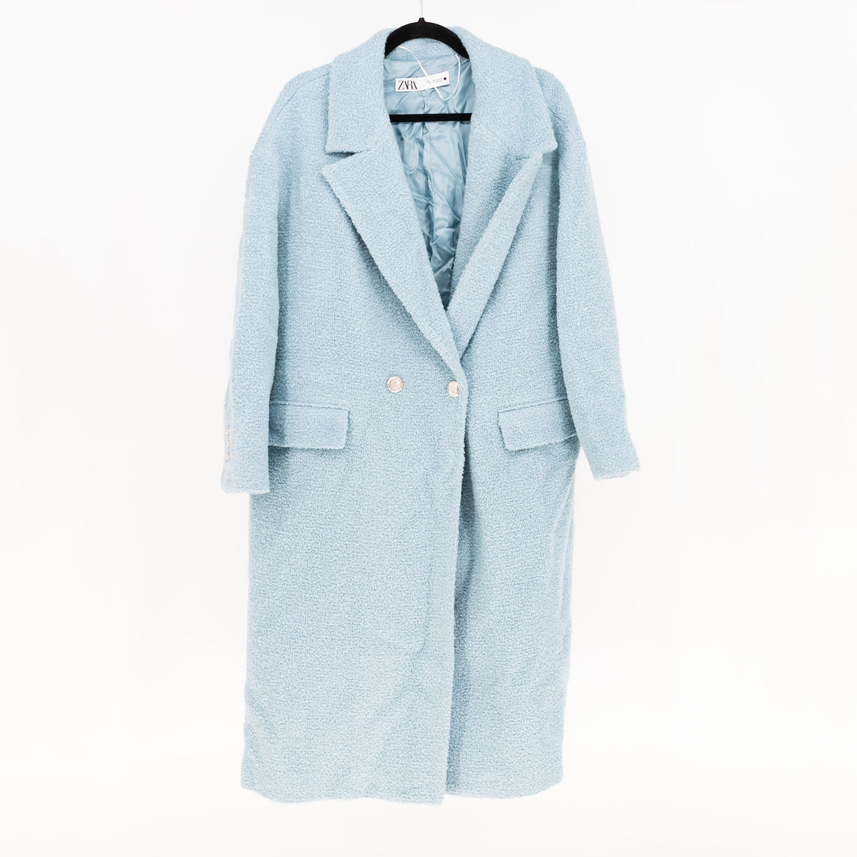 Zara Women's Boucle Tweed Double Breasted Long Pea Coat Jacket Light Blue XL
