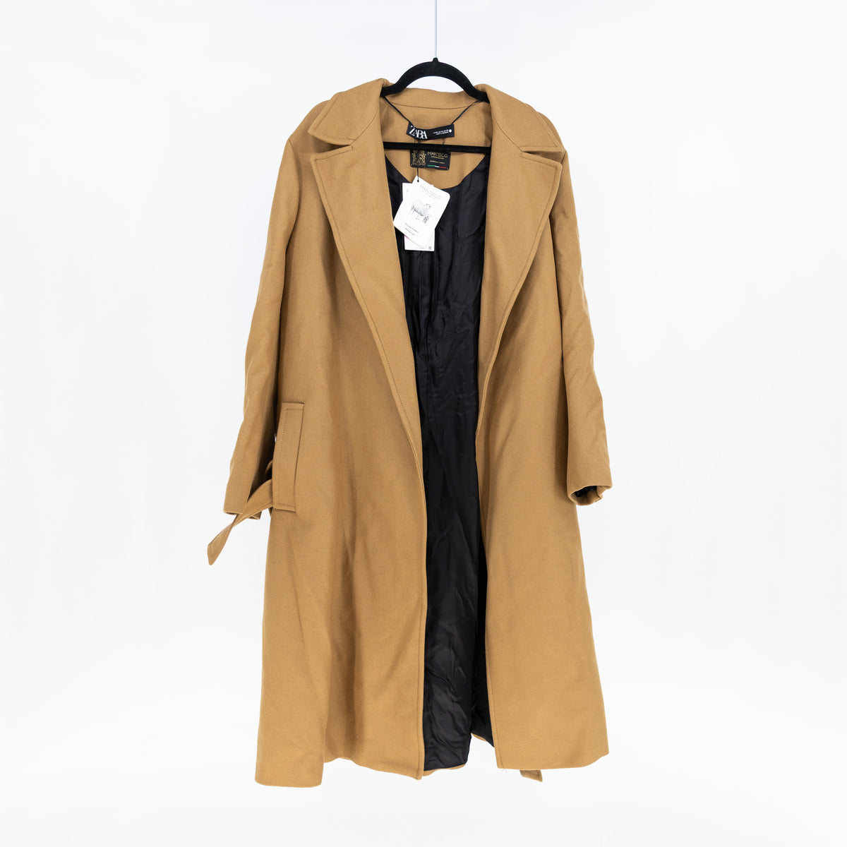NEW Zara Wool Blend Italian Fabric Belted Oversized Pea Coat Jacket Brown XL