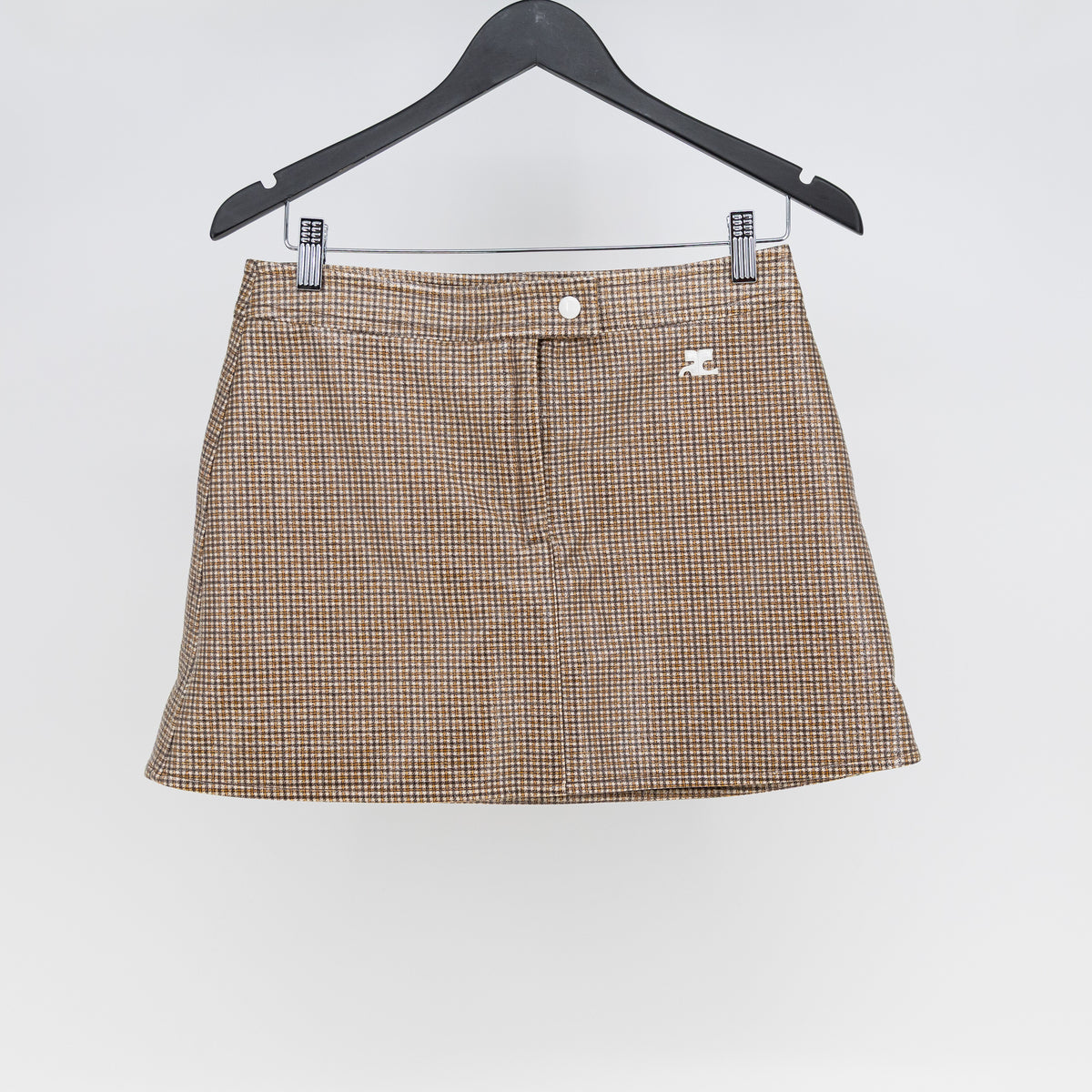 NEW Courreges Reedition Vinyl Shiny Brown White Houndstooth Print Mini Skirt 38