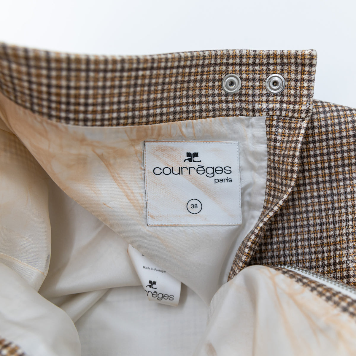 NEW Courreges Reedition Vinyl Shiny Brown White Houndstooth Print Mini Skirt 38
