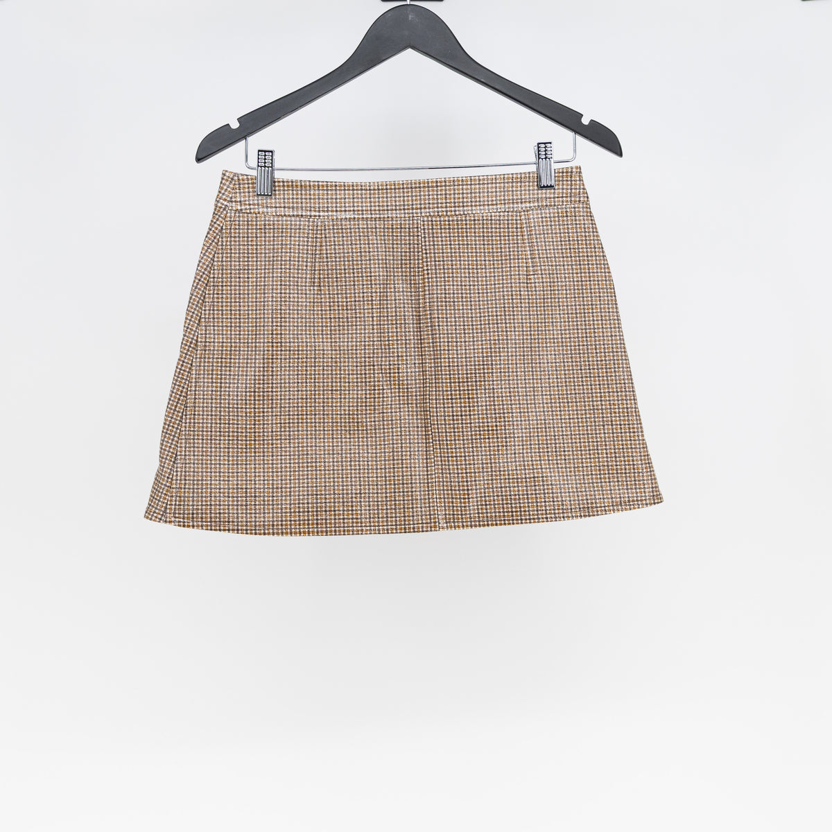 NEW Courreges Reedition Vinyl Shiny Brown White Houndstooth Print Mini Skirt 38