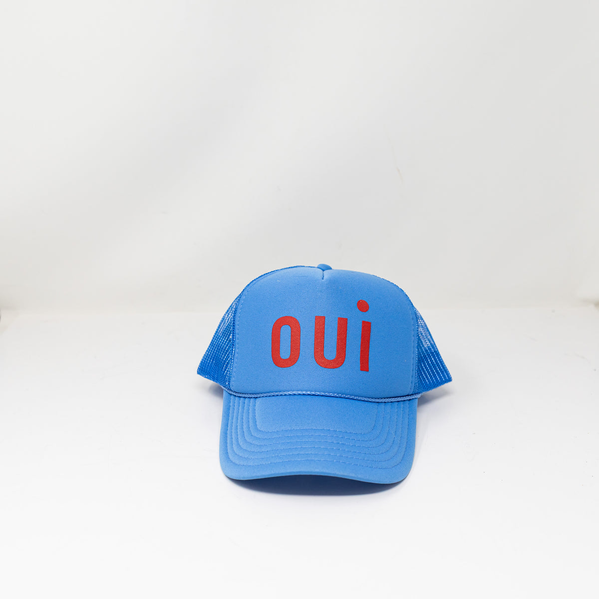 Clare V. Oui French Graphic Print Pattern Mesh Trucker Hat Blue Red Adjustable