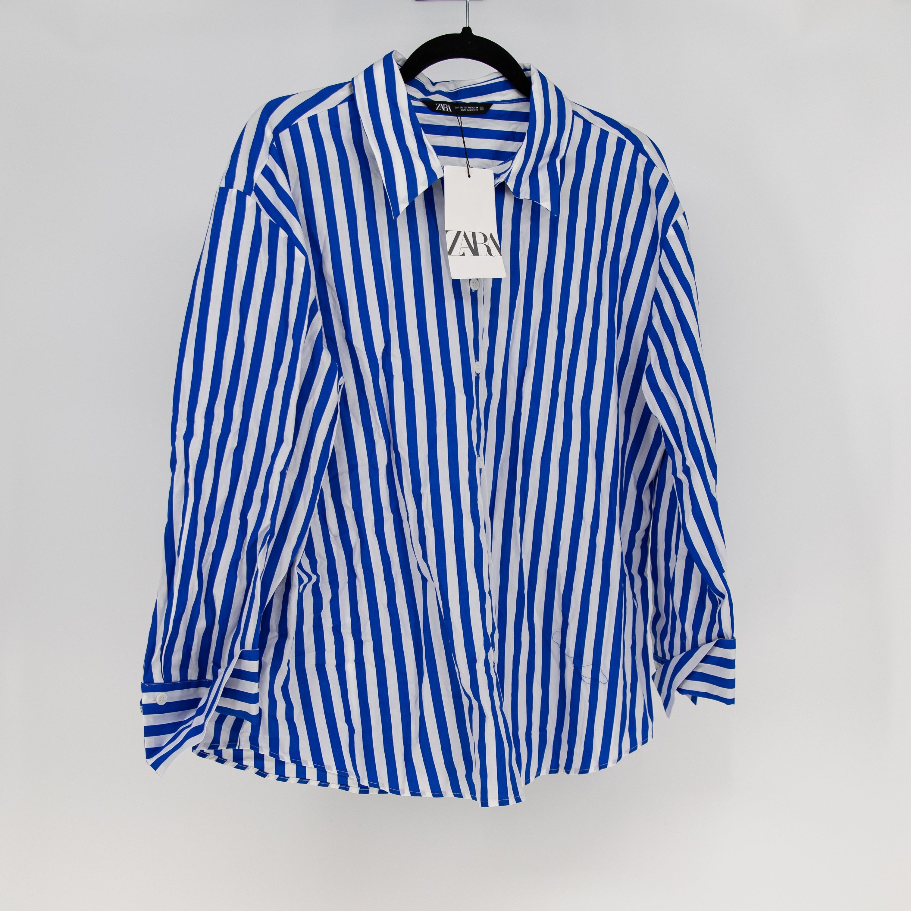 NEW Zara Blue White Stripe Print Pattern Collared Button Down Long Sleeve Shirt