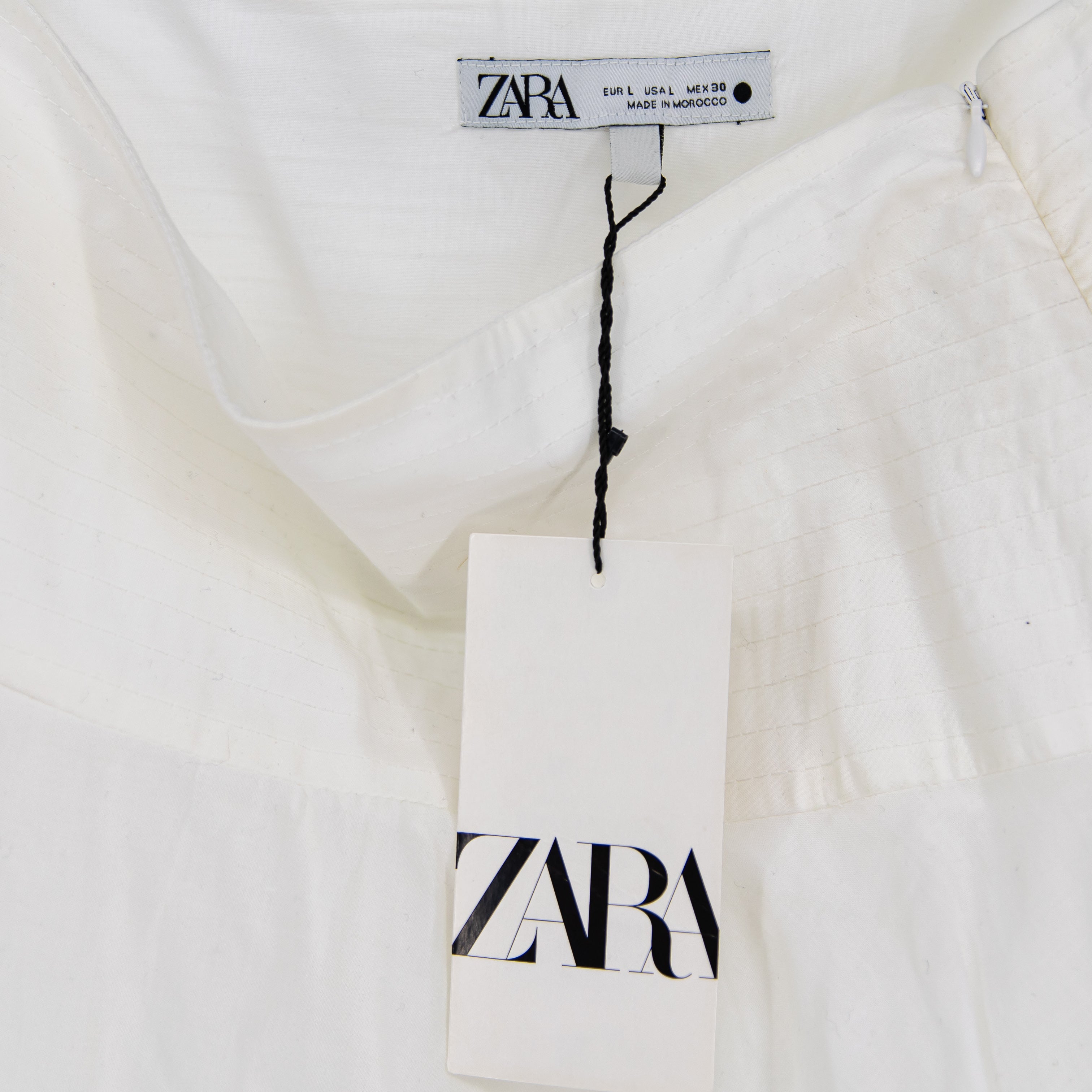 NEW Zara Cotton Stitch Waist A Line Pull On Midi Dress Solid White Large