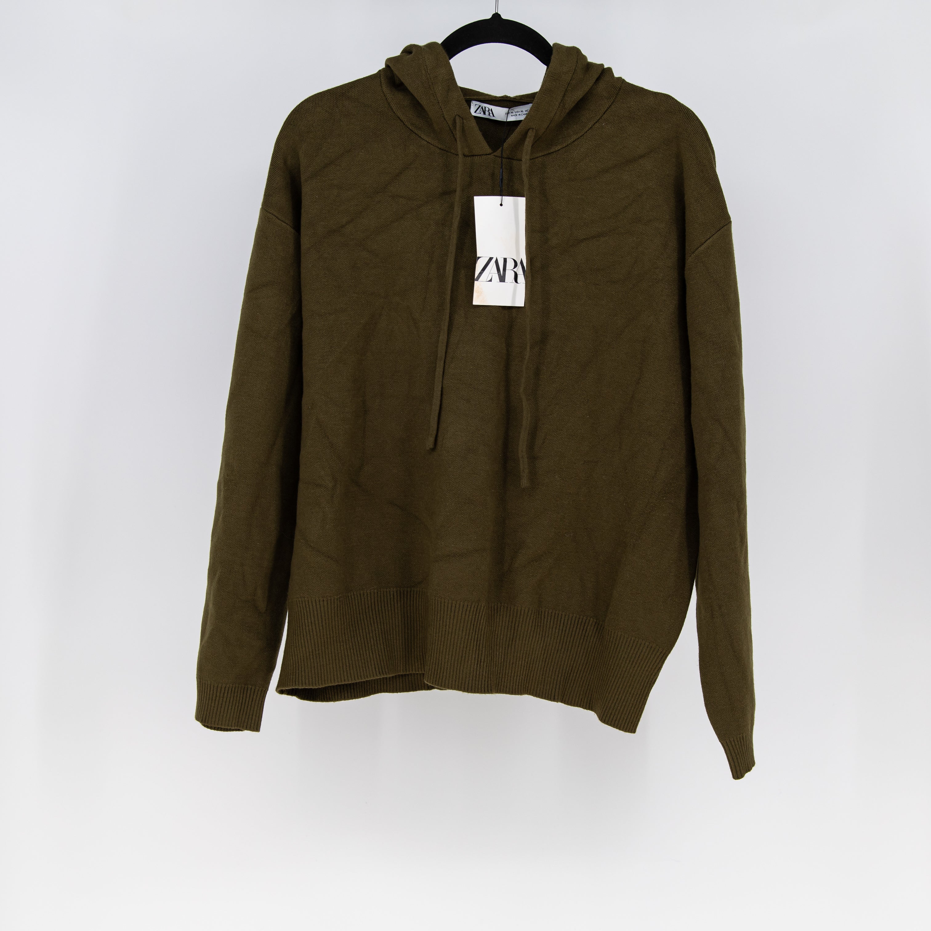 NEW Zara Knit Stretch Pullover Hoodie Sweater Sweatshirt Olive Green XL