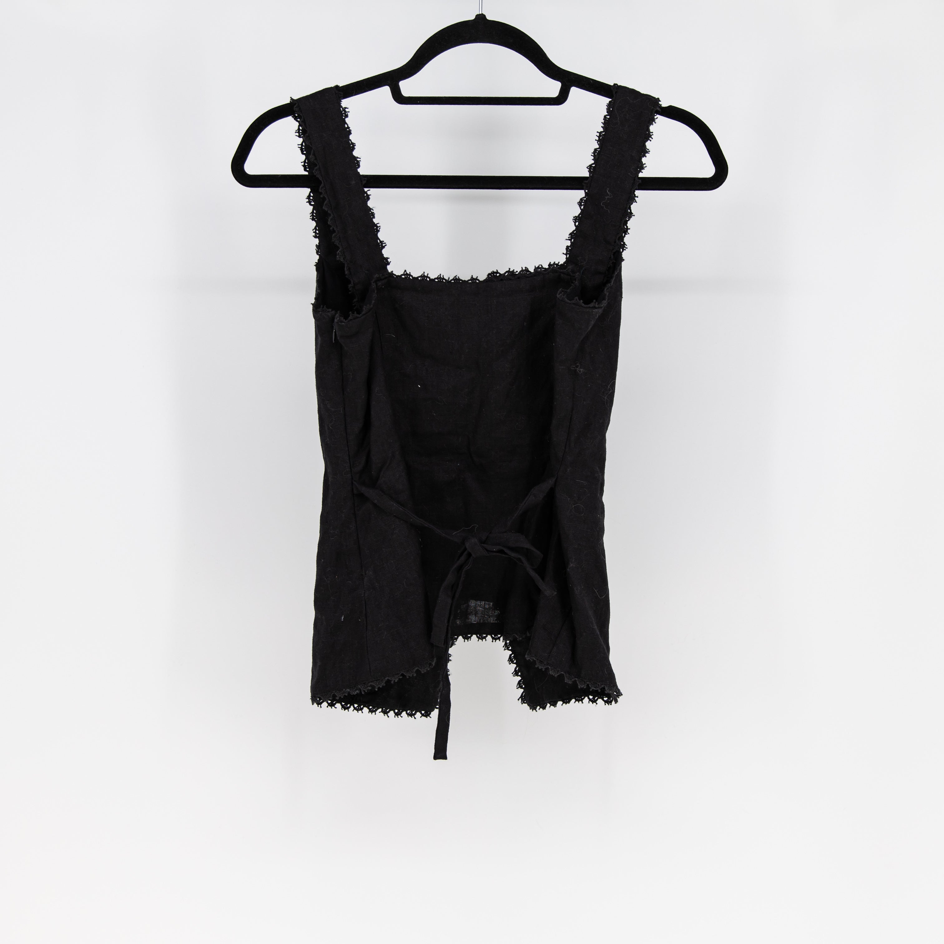 Reformation Viola Linen Woven Lace Trim Button Up Front Tank Top Blouse Black 4