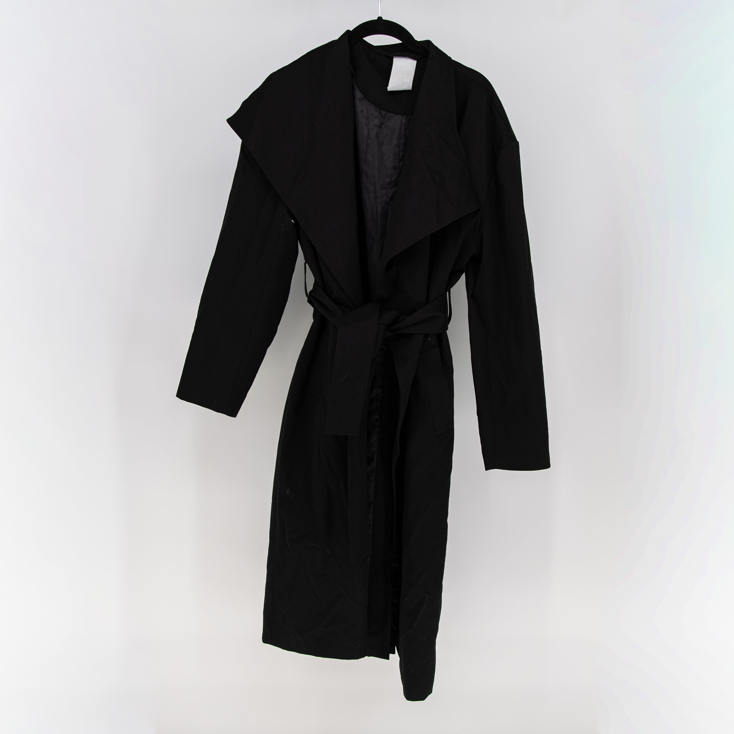 Noize Women's Spread Collar Open Front Belted Trench Coat Jacket Black Small