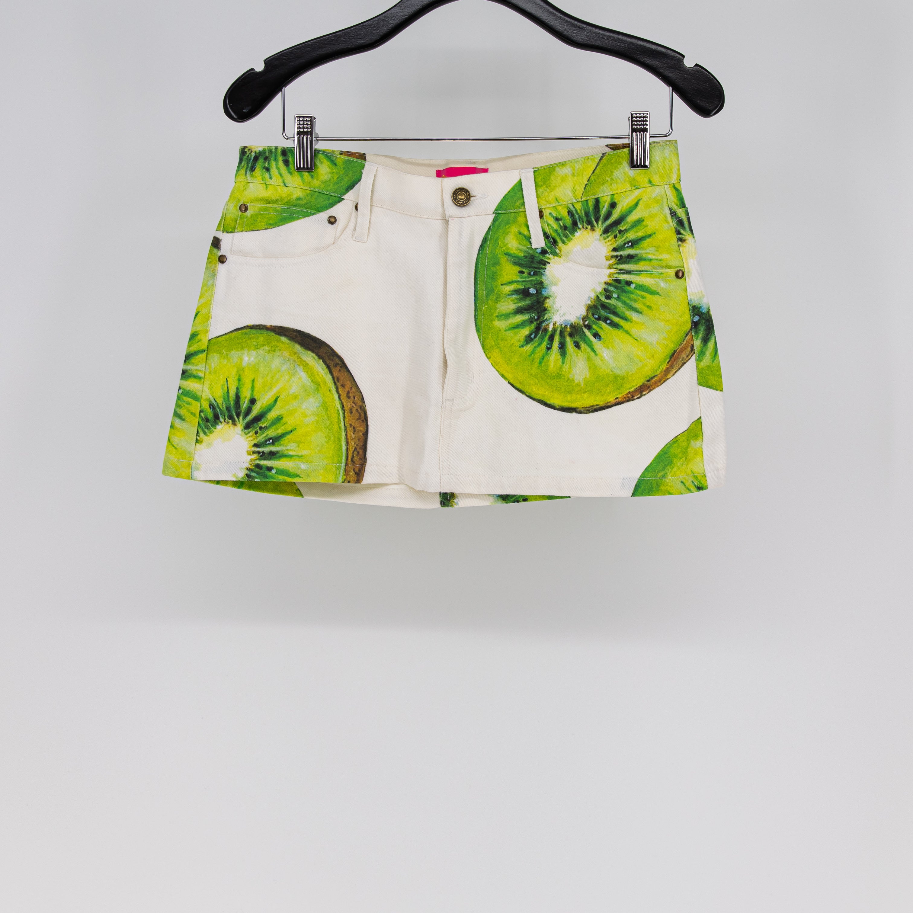 Les Miss Kiwi Fruit Print Pattern Cotton Jean Mini Skirt Green White Small