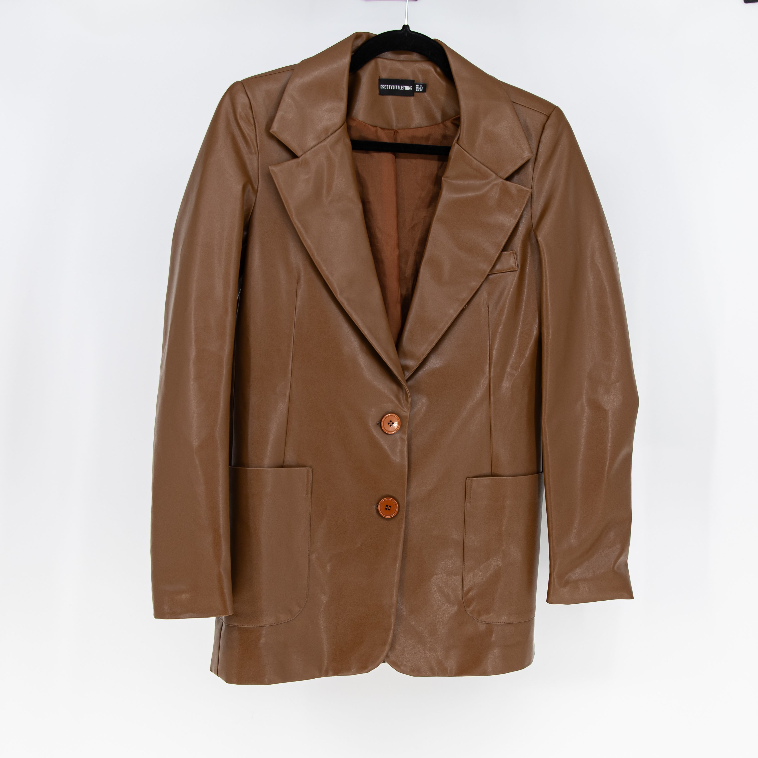 Pretty Little Thing Faux Vegan Two Button Blazer Jacket Brown 0