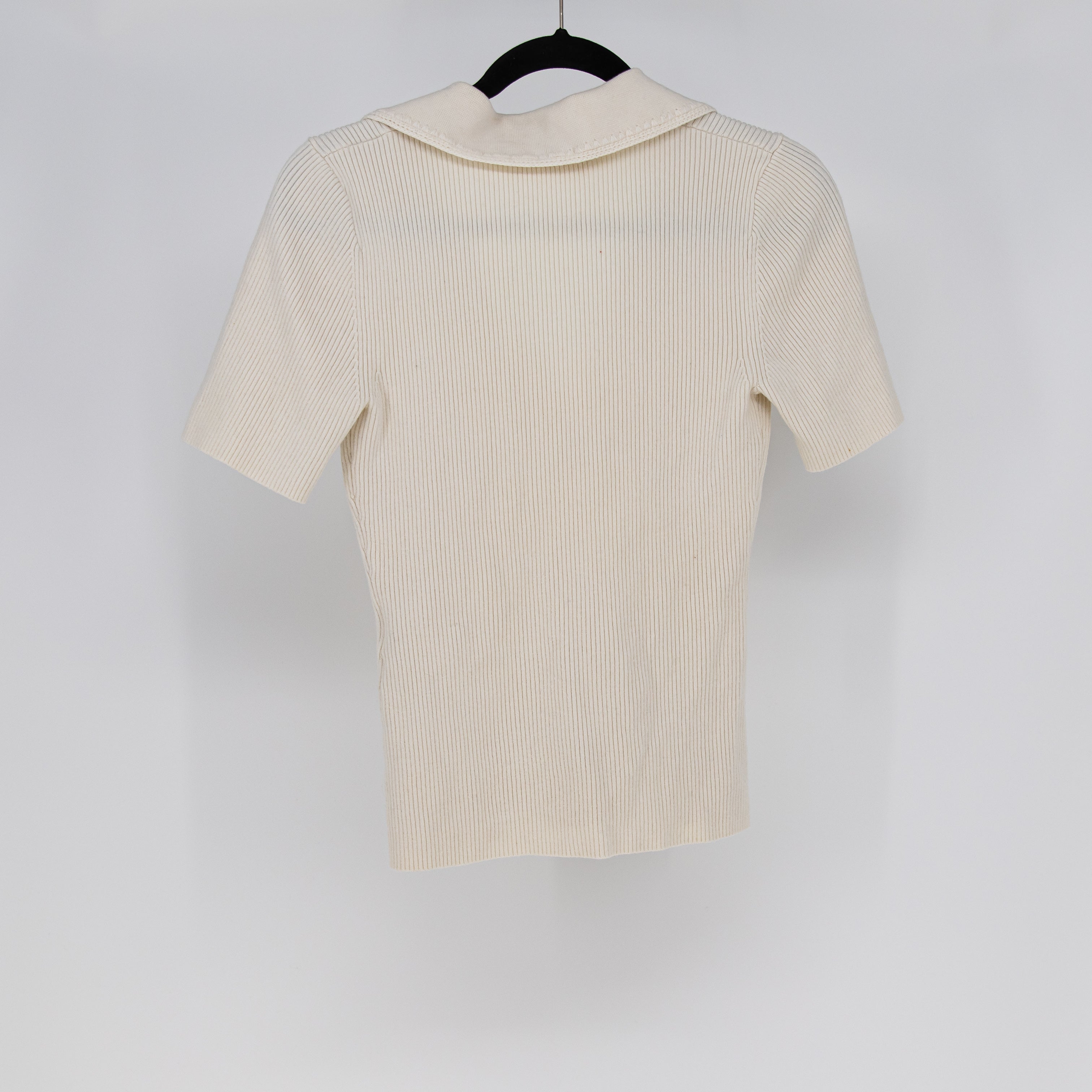 Sezane Eloy Wool Cotton Blend Ribbed Knit Stretch Collared Jumper Sweater Ivory