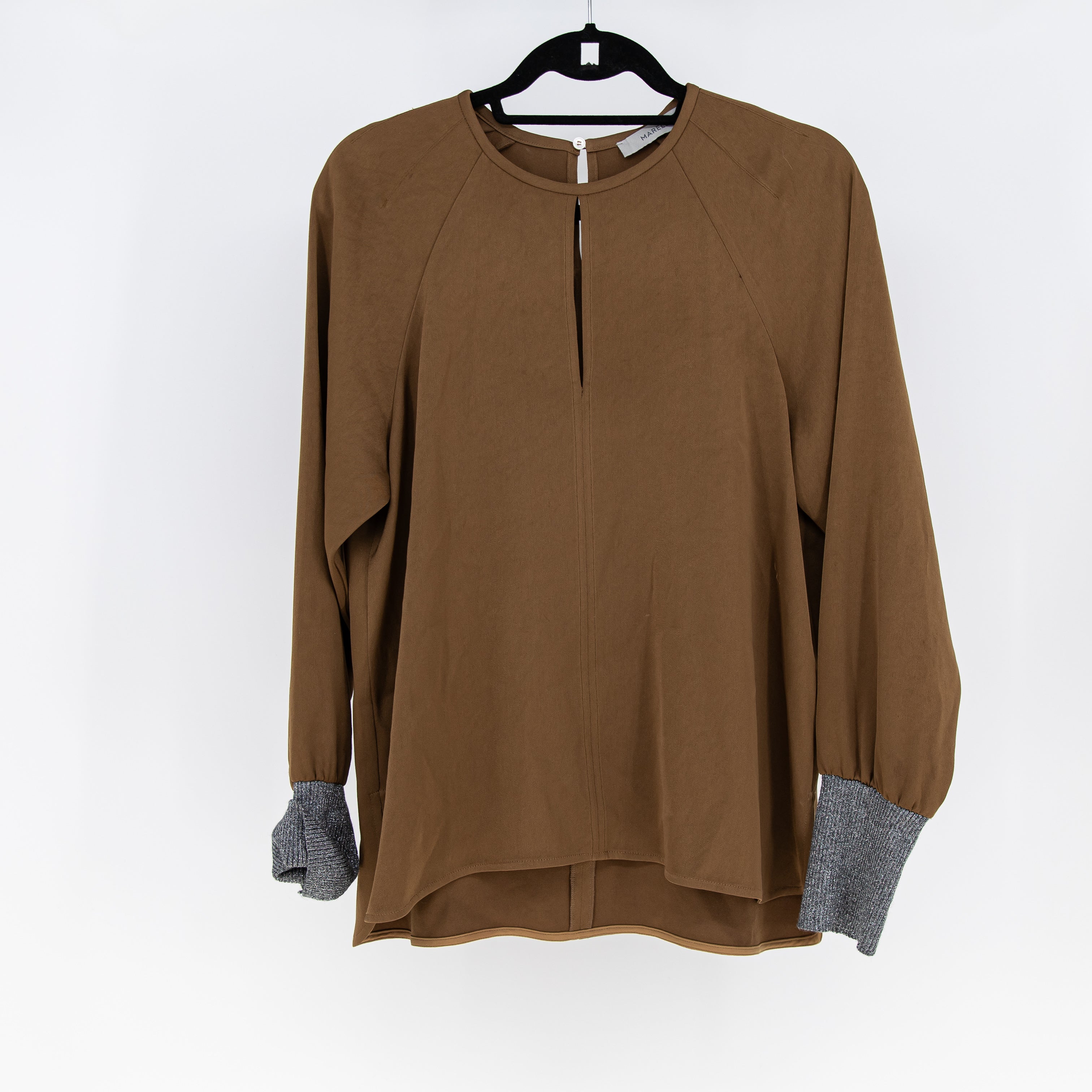 Marella Women's Satin Sheen Mixed Media Long Sleeve Blouse Shirt Top Brown 10