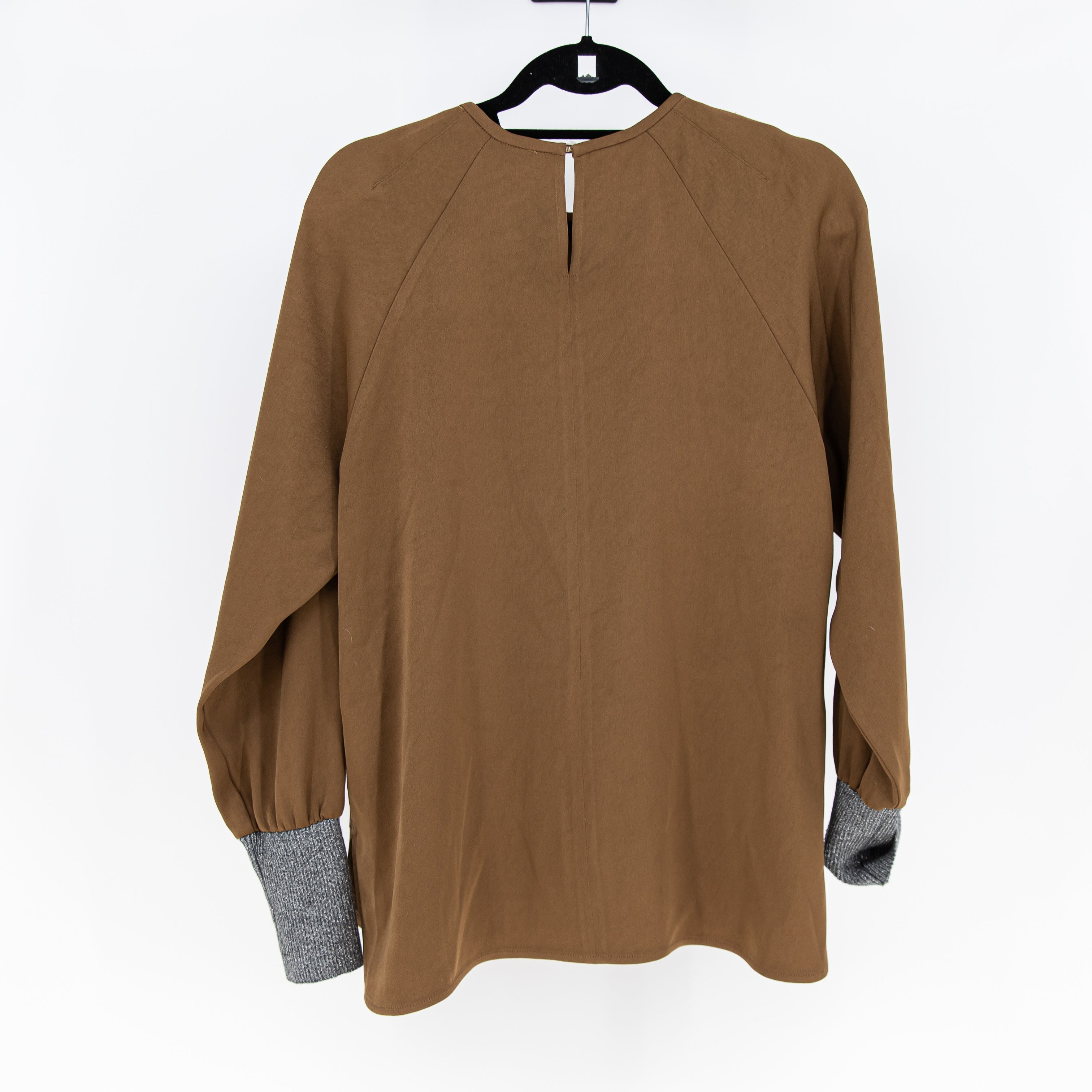 Marella Women's Satin Sheen Mixed Media Long Sleeve Blouse Shirt Top Brown 10