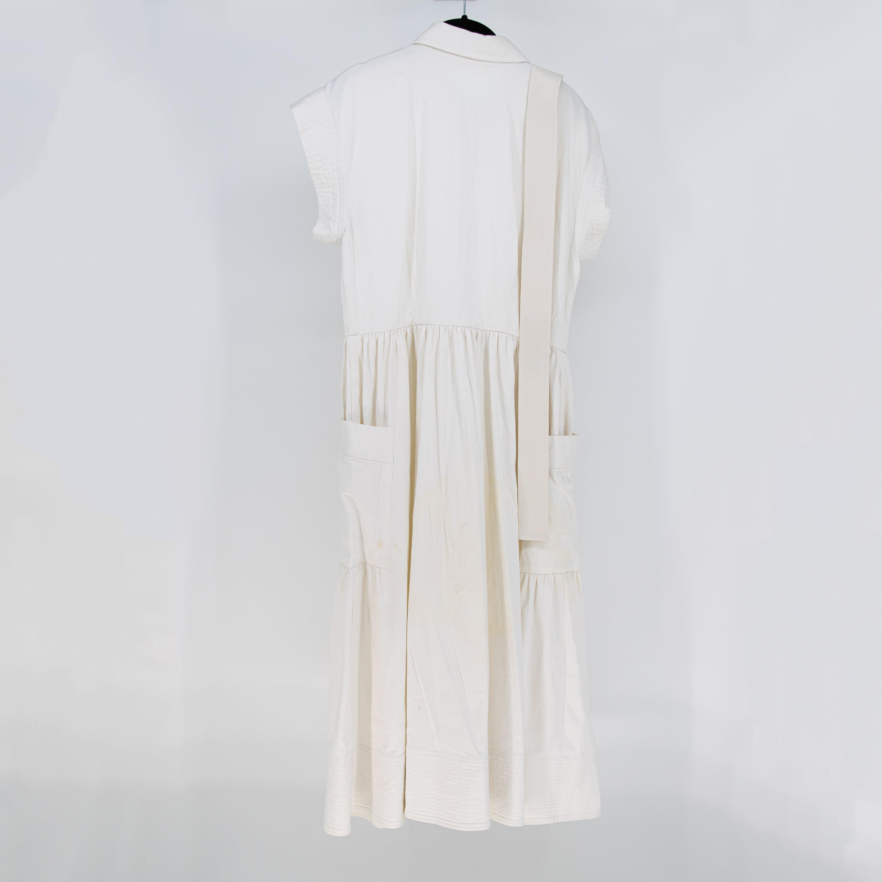 Julia Amory Betty Cotton Stretch Belted Pocket Midi Shirt Dress Ivory White L