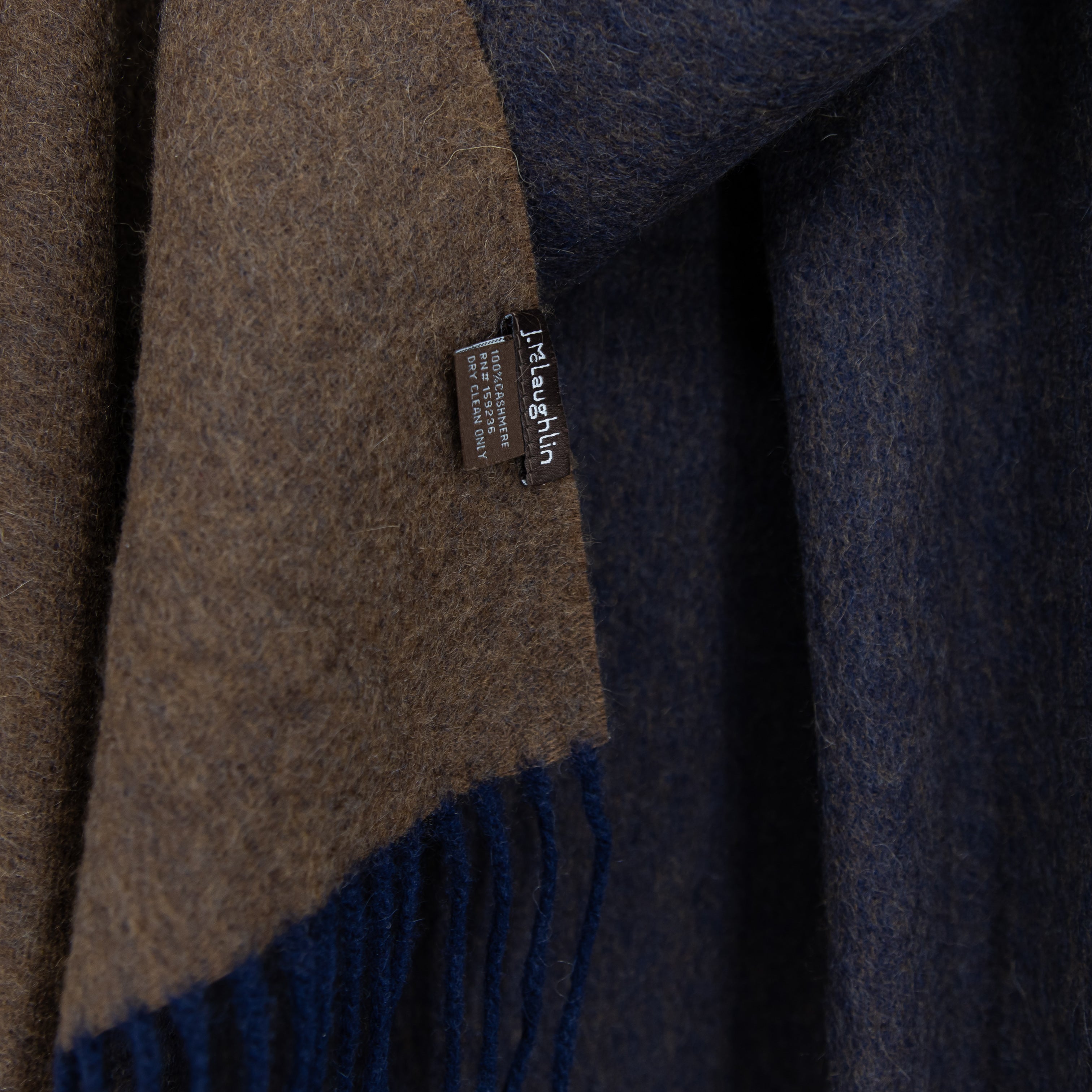 J. McLaughlin 100% Cashmere Felt Texture Fringe Scarf Wrap Shawl Brown Blue