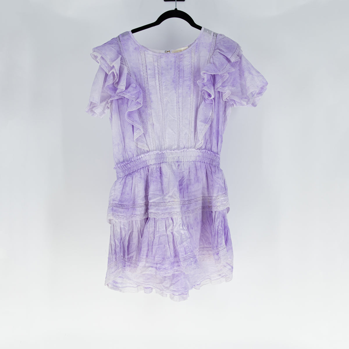 LoveShackFancy Natasha Heritage Mini Cotton Ruffle Dress Purple Tie Dye Large