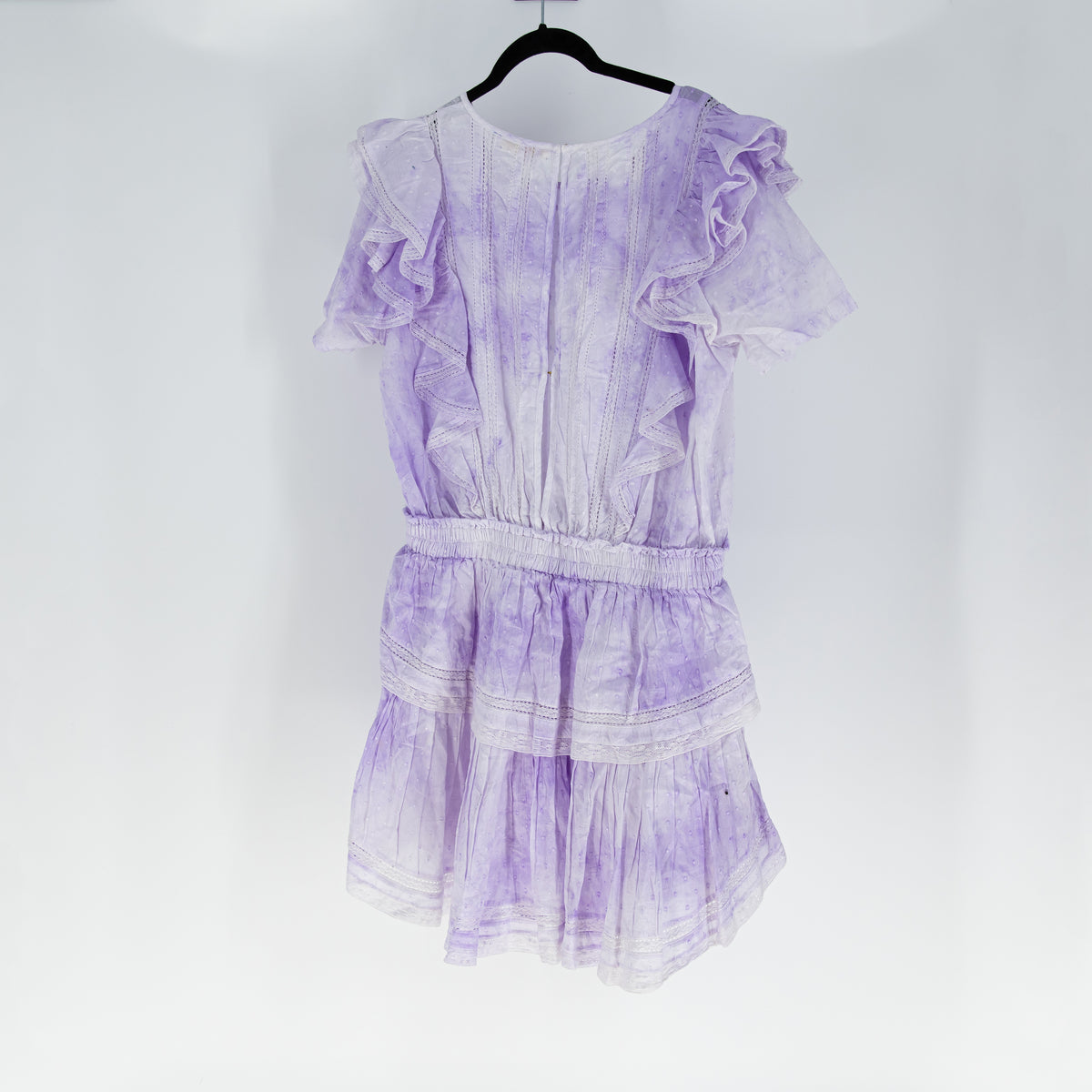 LoveShackFancy Natasha Heritage Mini Cotton Ruffle Dress Purple Tie Dye Large