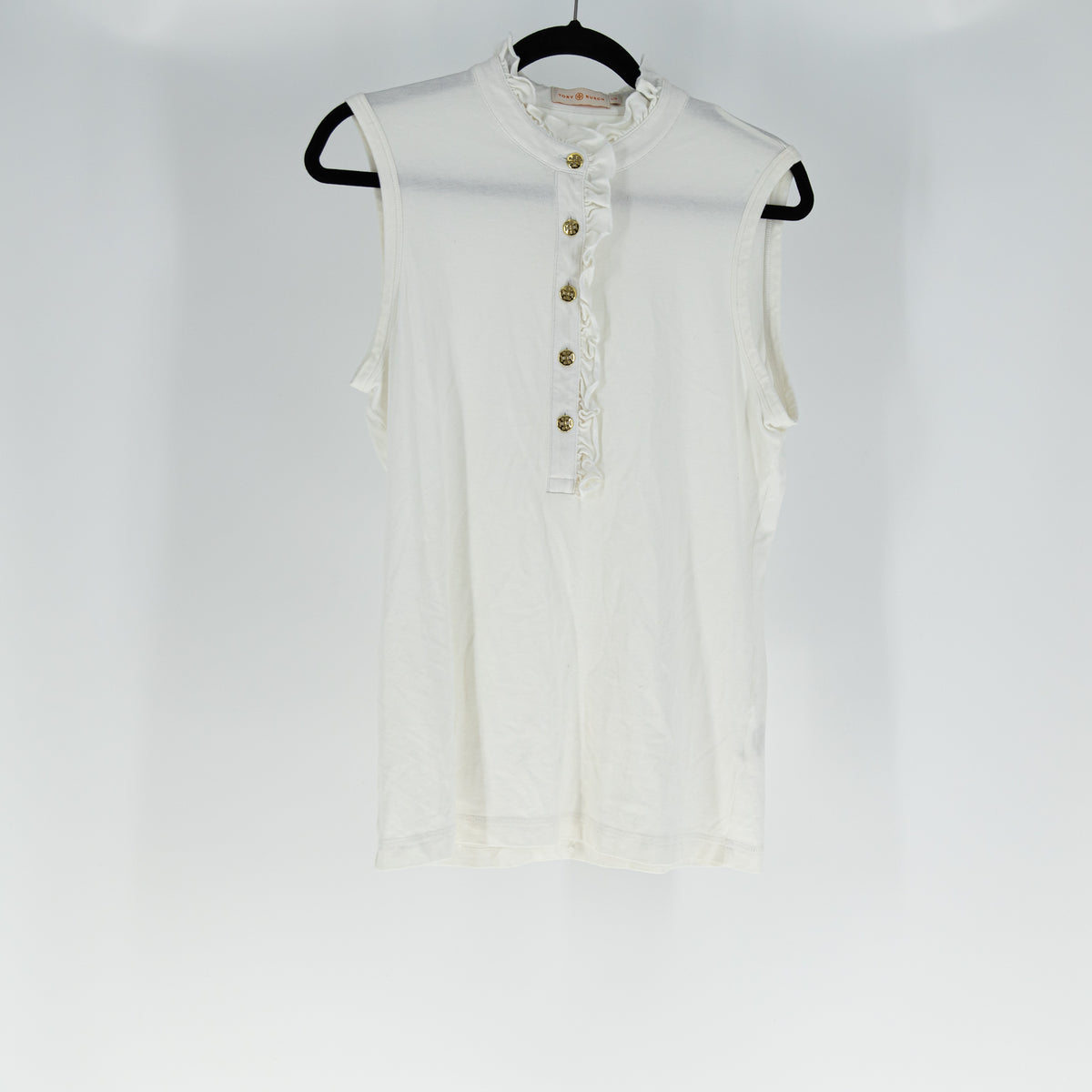 Tory Burch Cotton Stretch Sleeveless Ruffle Collar Logo Button Blouse White L