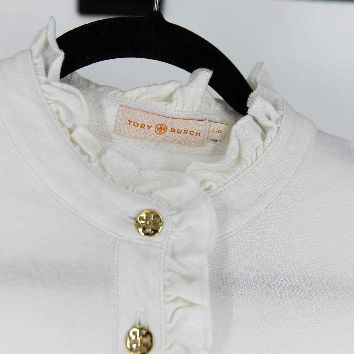 Tory Burch Cotton Stretch Sleeveless Ruffle Collar Logo Button Blouse White L