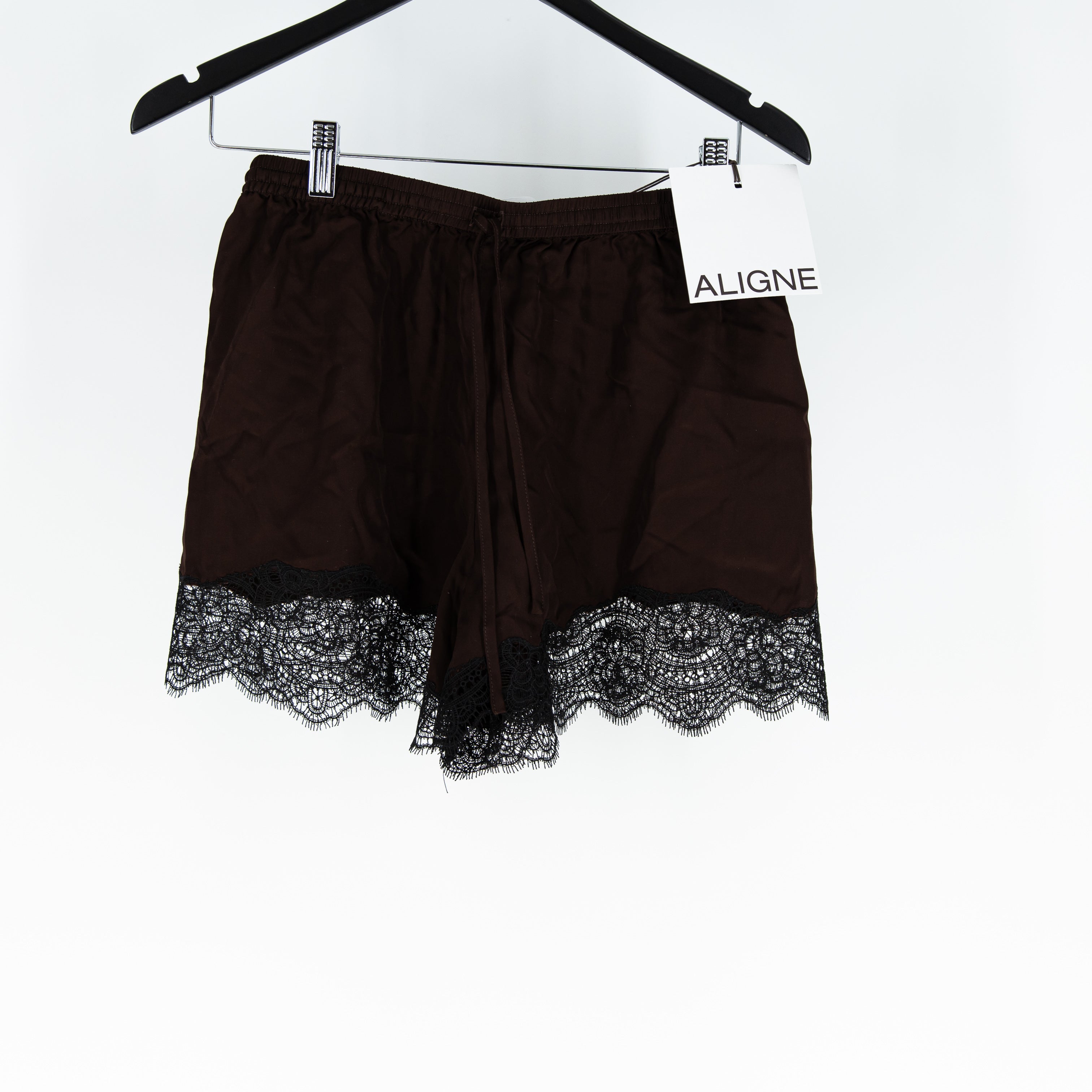 NEW Aligne Linette Satin Delicate Lace Trim Mini Pull On Shorts Chocolate Brown