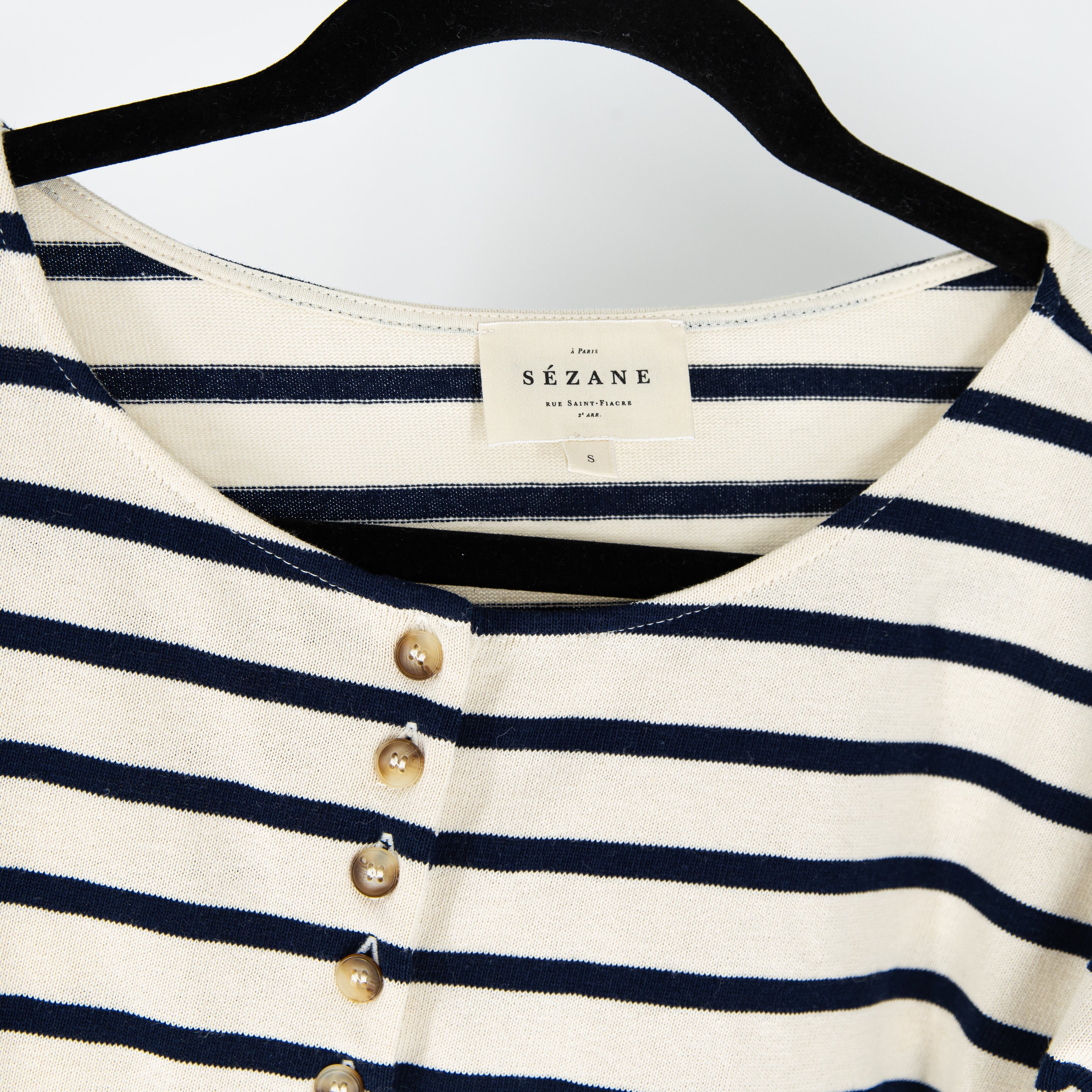 Sezane Gatsby Mariniere Organic Cotton Henley Button Pullover Sweater Ecru Navy
