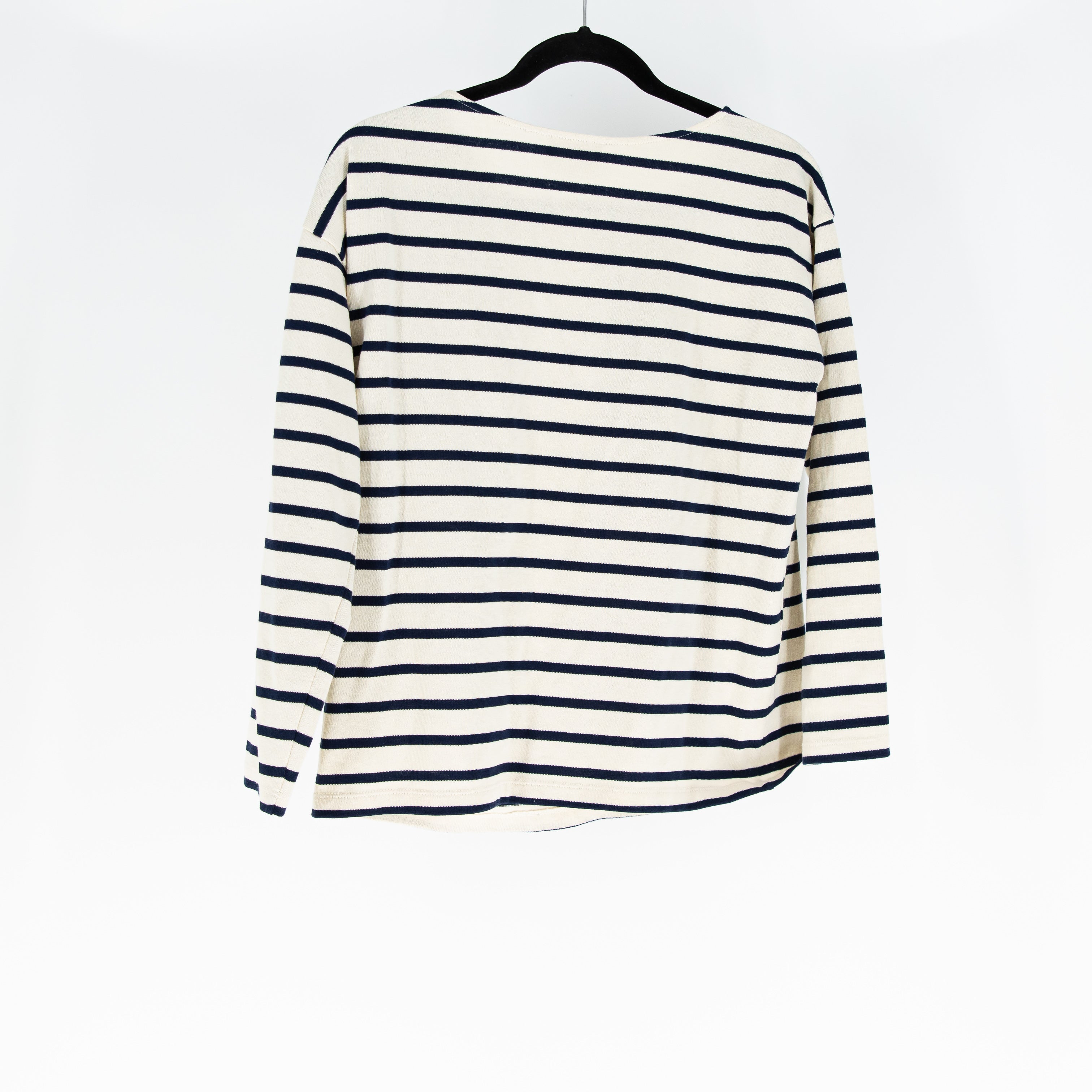 Sezane Gatsby Mariniere Organic Cotton Henley Button Pullover Sweater Ecru Navy