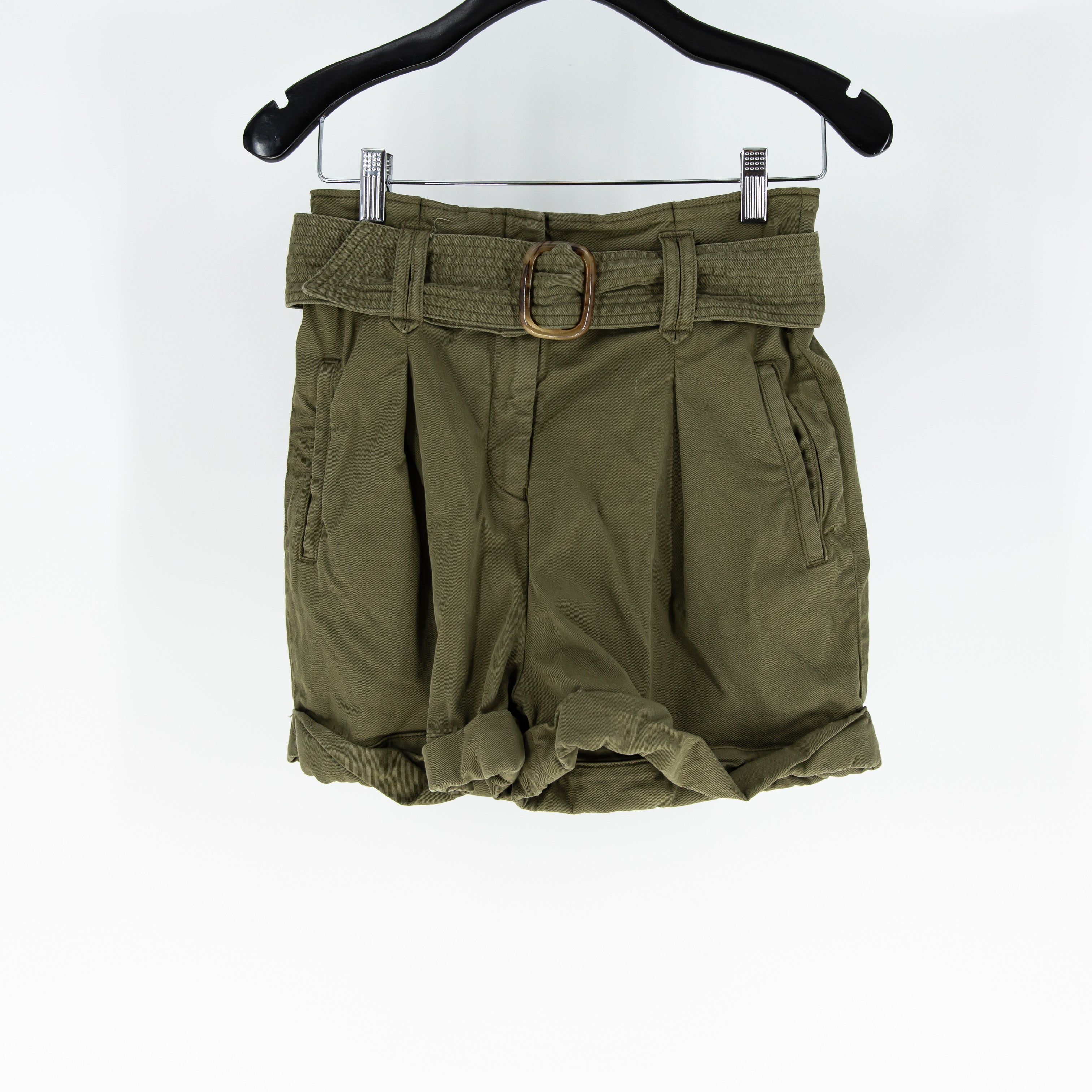 Sezane Women's Rome Cotton Stretch High Rise Casual Belted Shorts Olive Green S