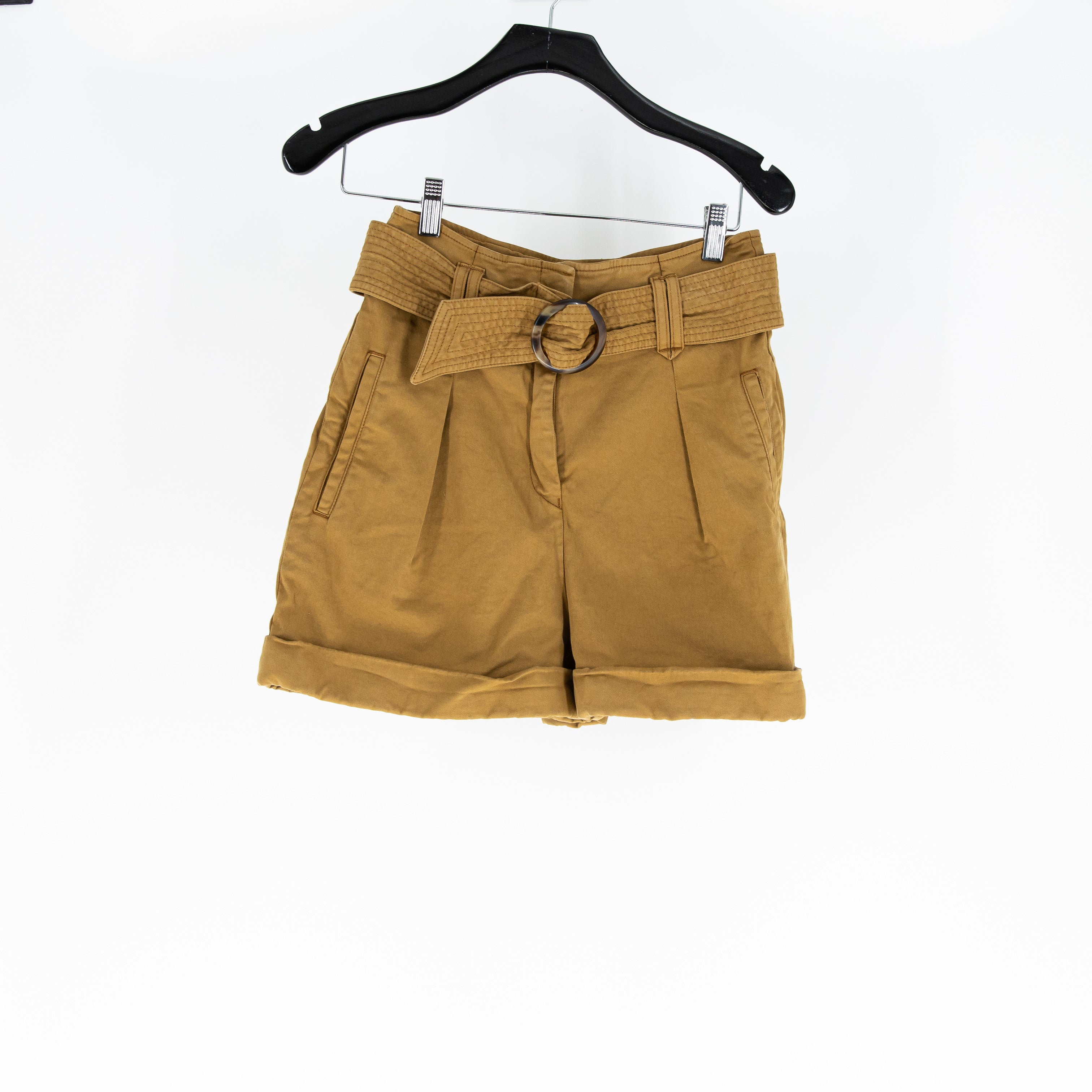 Sezane Women's Rome Cotton Stretch High Rise Casual Belted Shorts Brown Small
