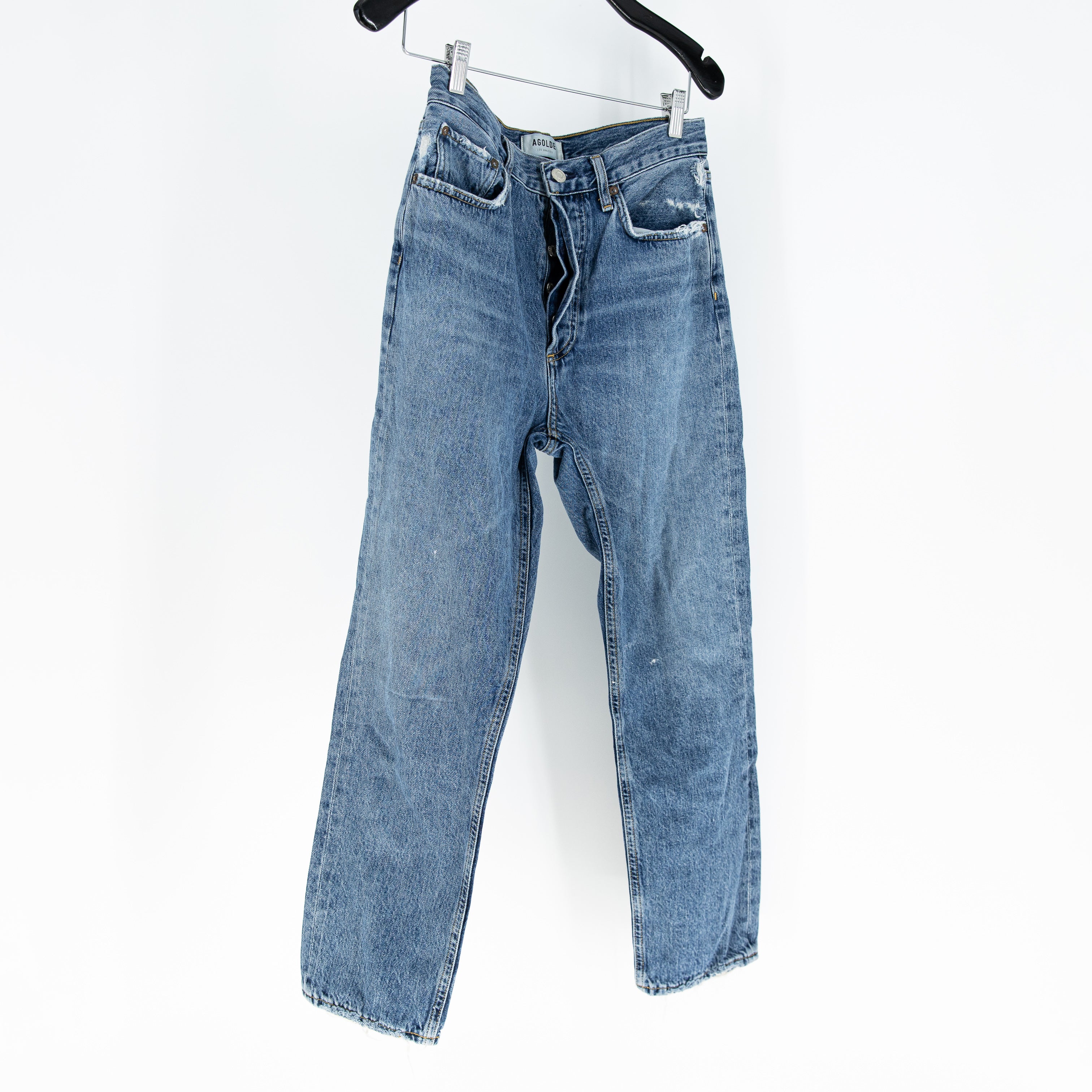 Agolde Denim Riley High Rise Straight Cotton Crop Distressed Jeans 27