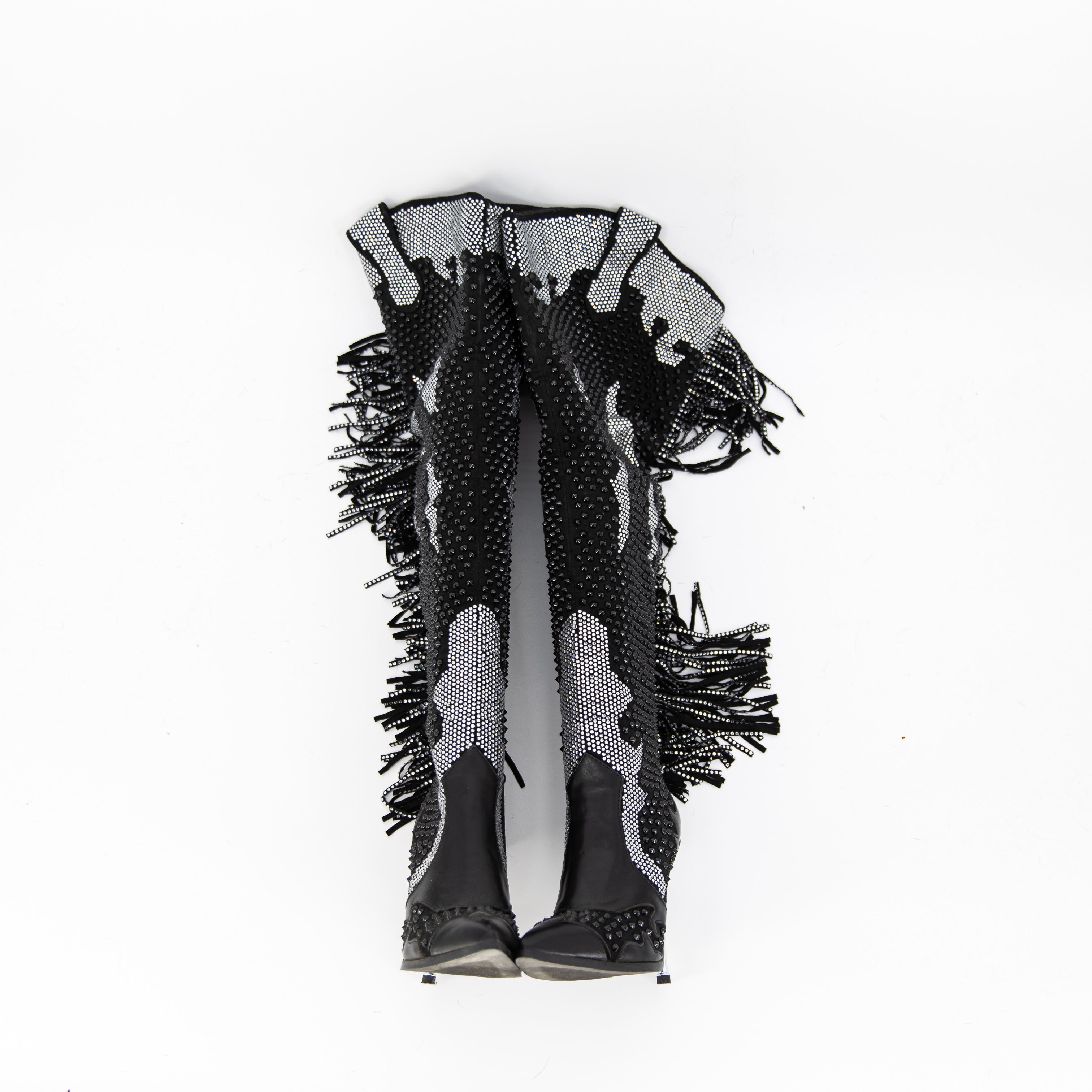 Azalea Wang Crewe Black Silver Crystal Embellished Fringe Western Boots Shoes 6