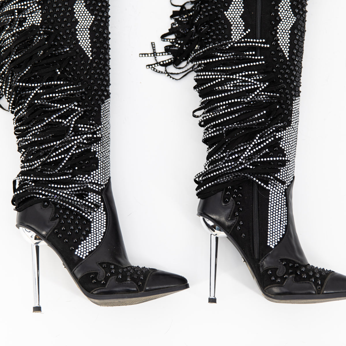 Azalea Wang Crewe Black Silver Crystal Embellished Fringe Western Boots Shoes 6