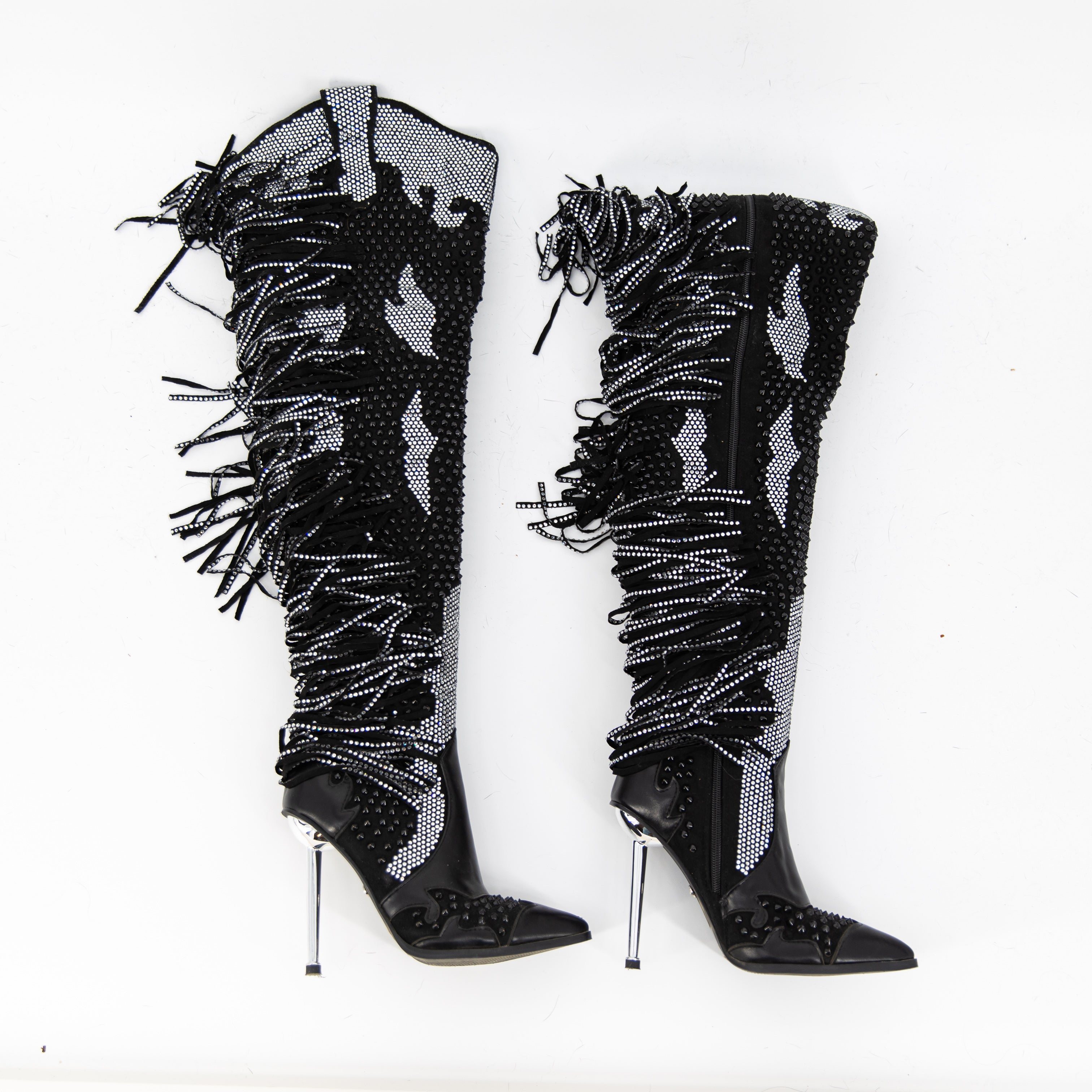 Azalea Wang Crewe Black Silver Crystal Embellished Fringe Western Boots Shoes 6
