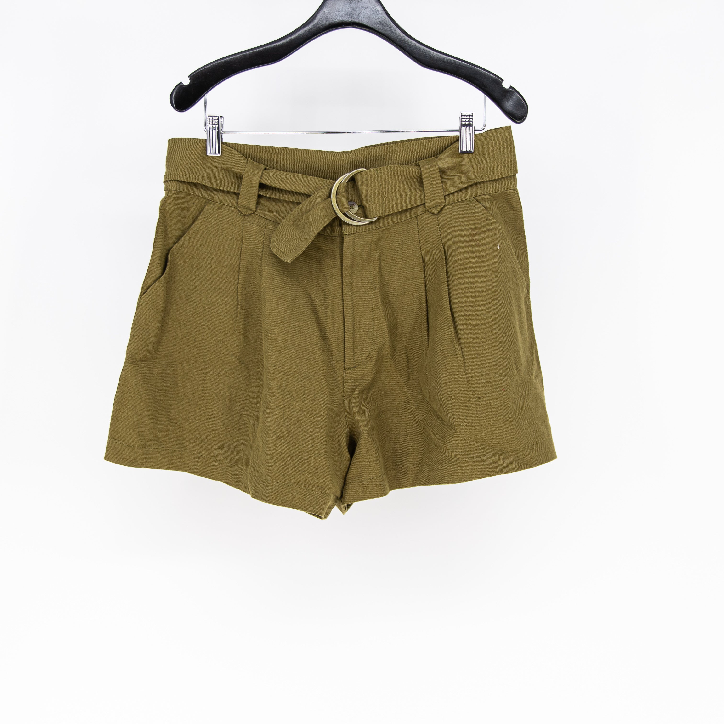 Able Women's Linen Cotton High Rise Pleated Belted Mini Shorts Green 8