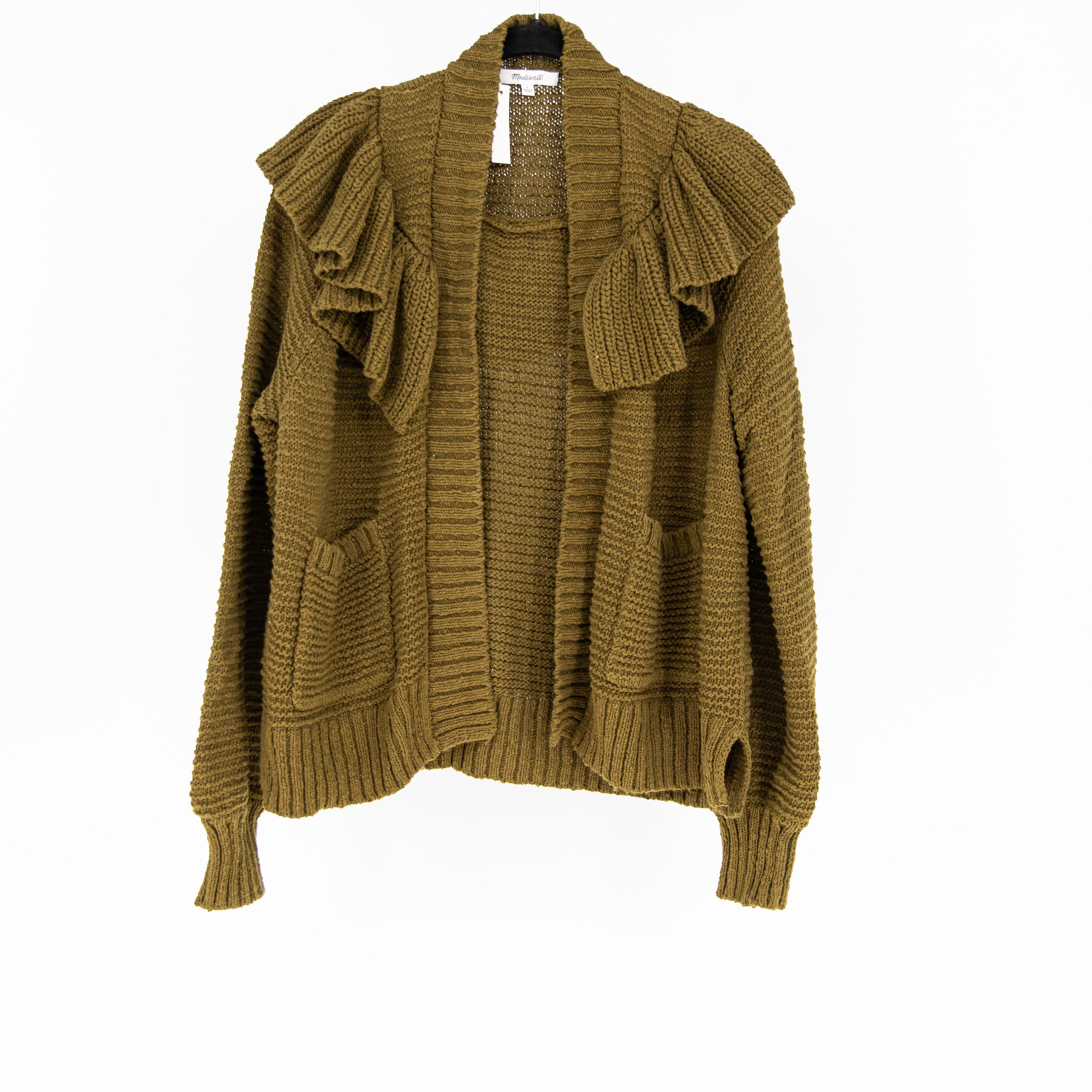NEW Madewell Cotton Ruffle Frill Open Front Cardigan Sweater Golden Spinach S