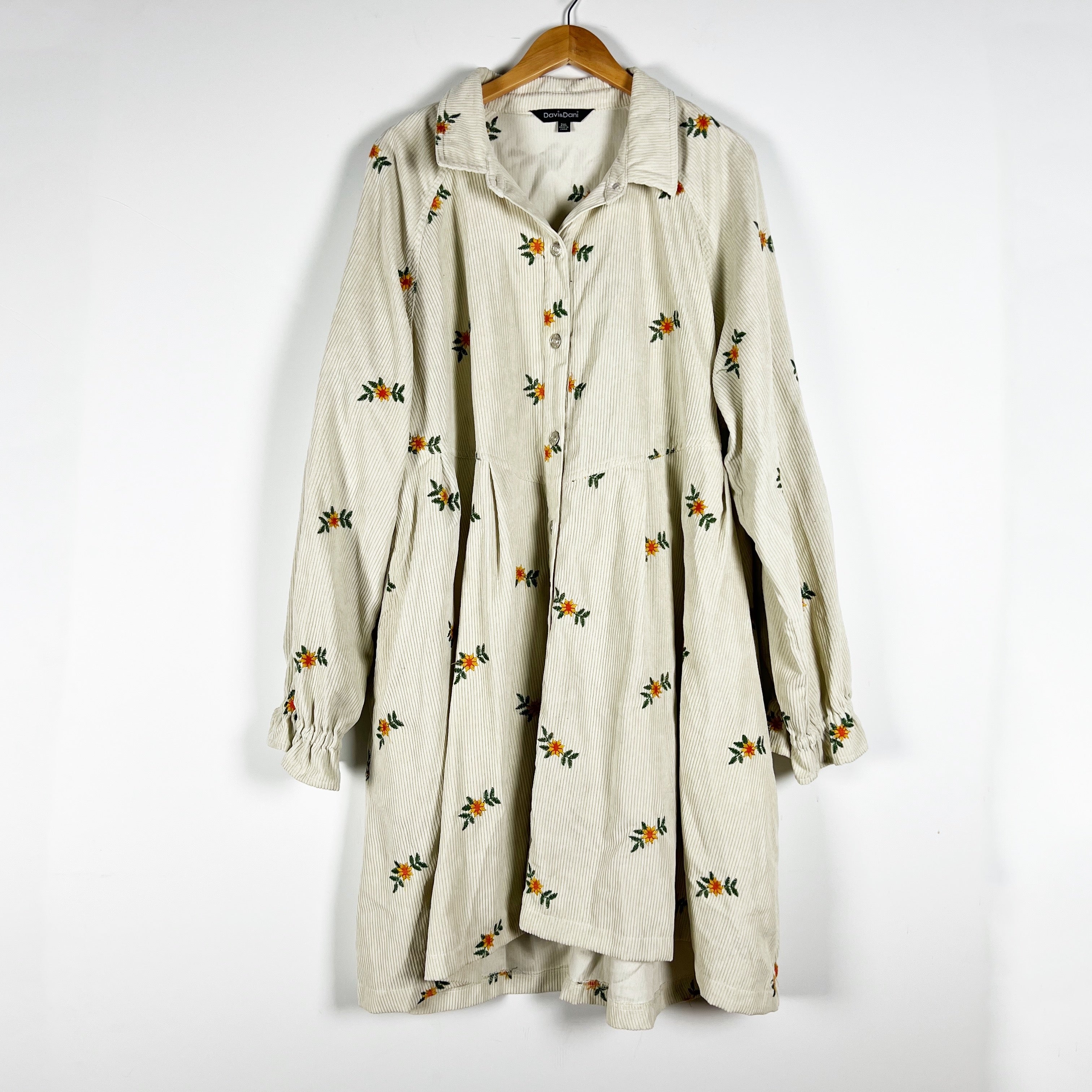 Davi & Dani Micro Floral Flower Embroidered Corduroy Velvet Pullover Dress XXL