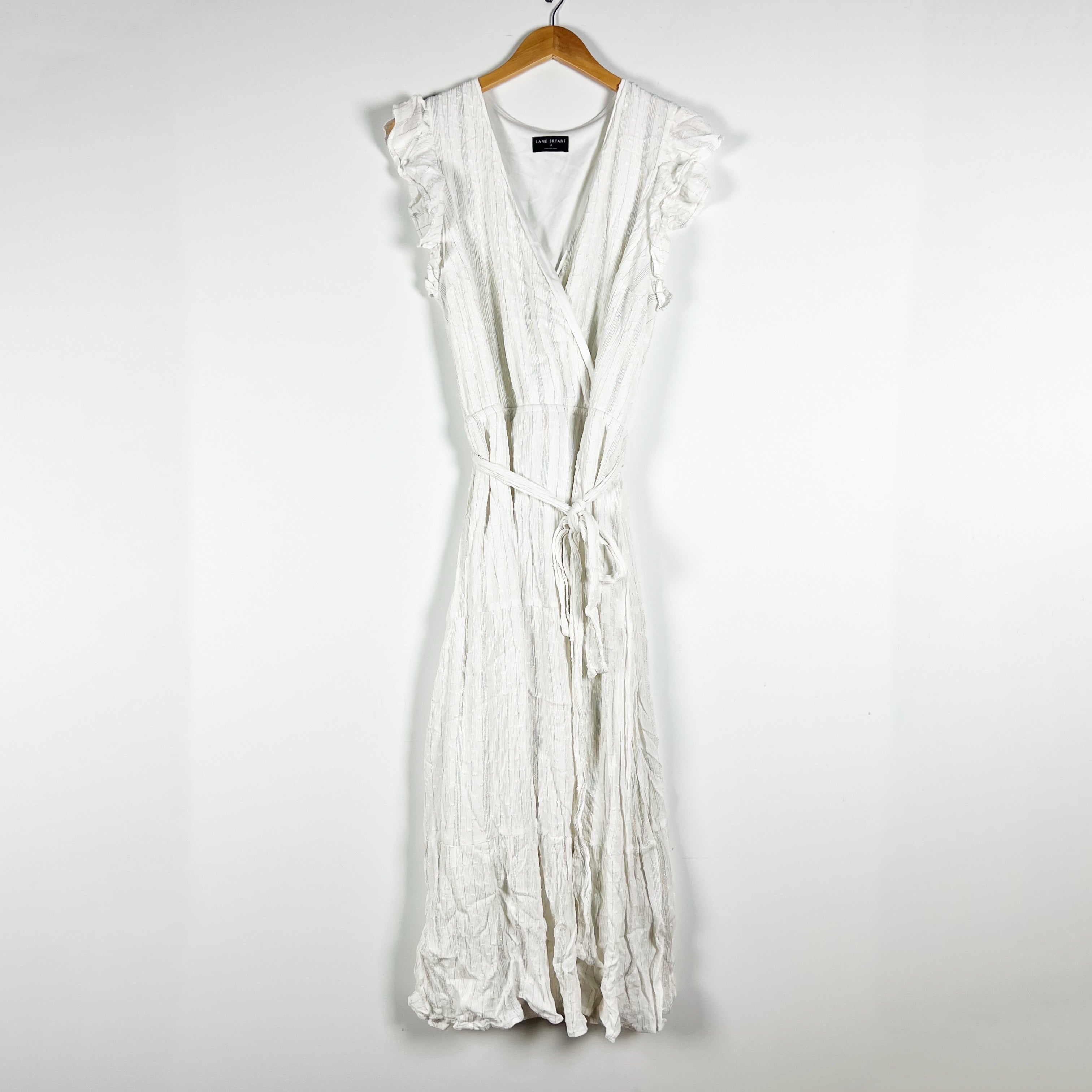 Lane Bryant Women's Plus Size Ruffle Sleeve V Neck Wrap Midi Dress White Gold 18