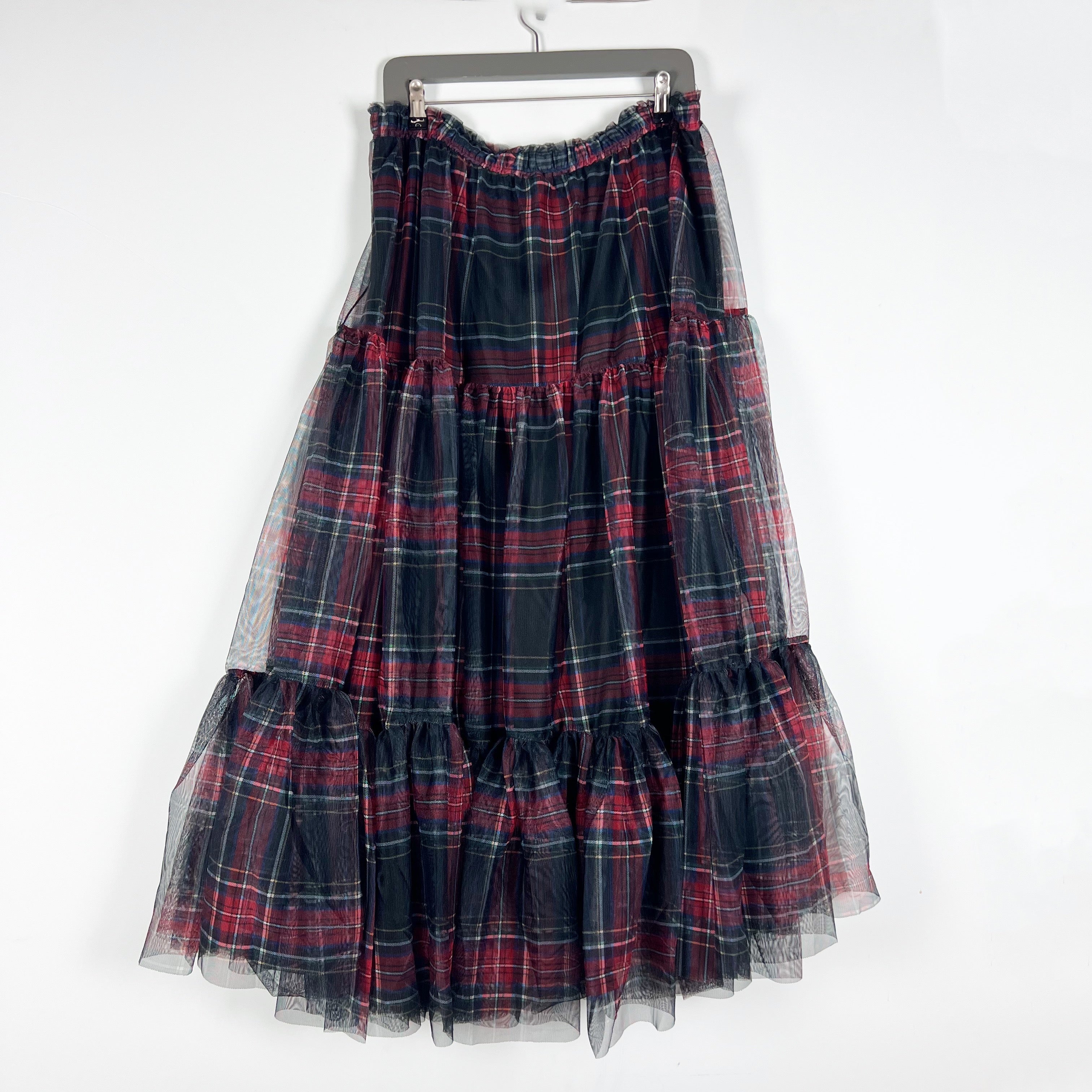 NEW Cato Fashions Holiday Tartan Plaid Tulle Mesh Tiered Midi Skirt Red Black