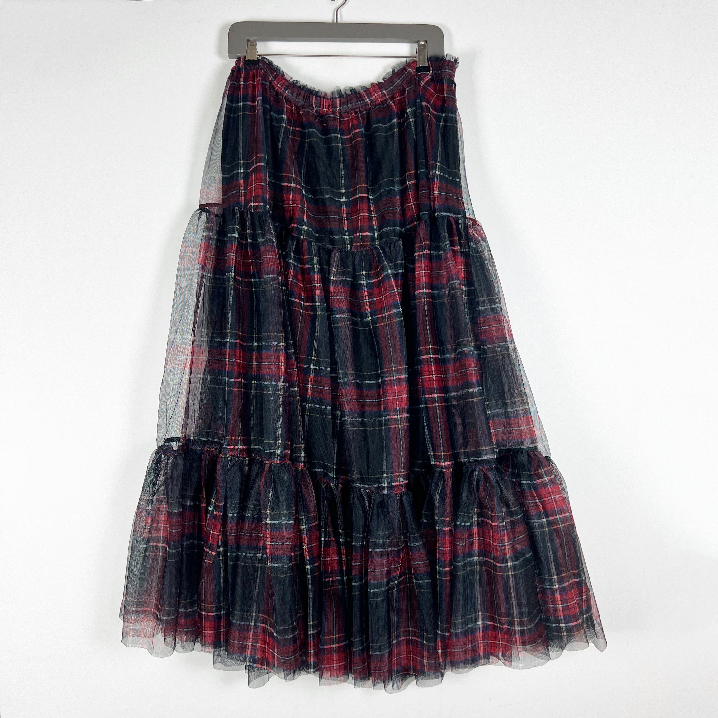 NEW Cato Fashions Holiday Tartan Plaid Tulle Mesh Tiered Midi Skirt Red Black