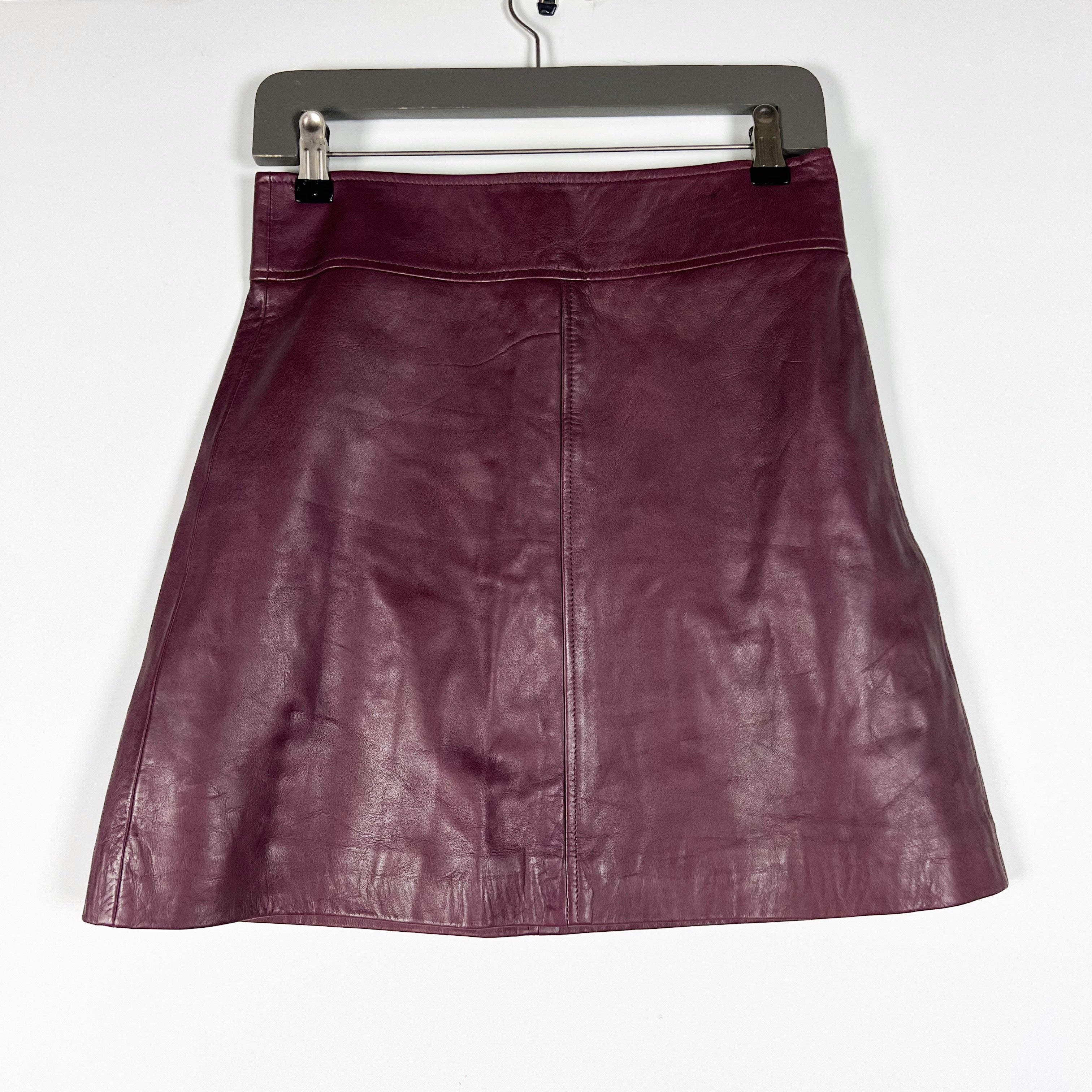 NEW Sezane Neli Genuine Leather Mini A Line Skirt Bordeaux 4