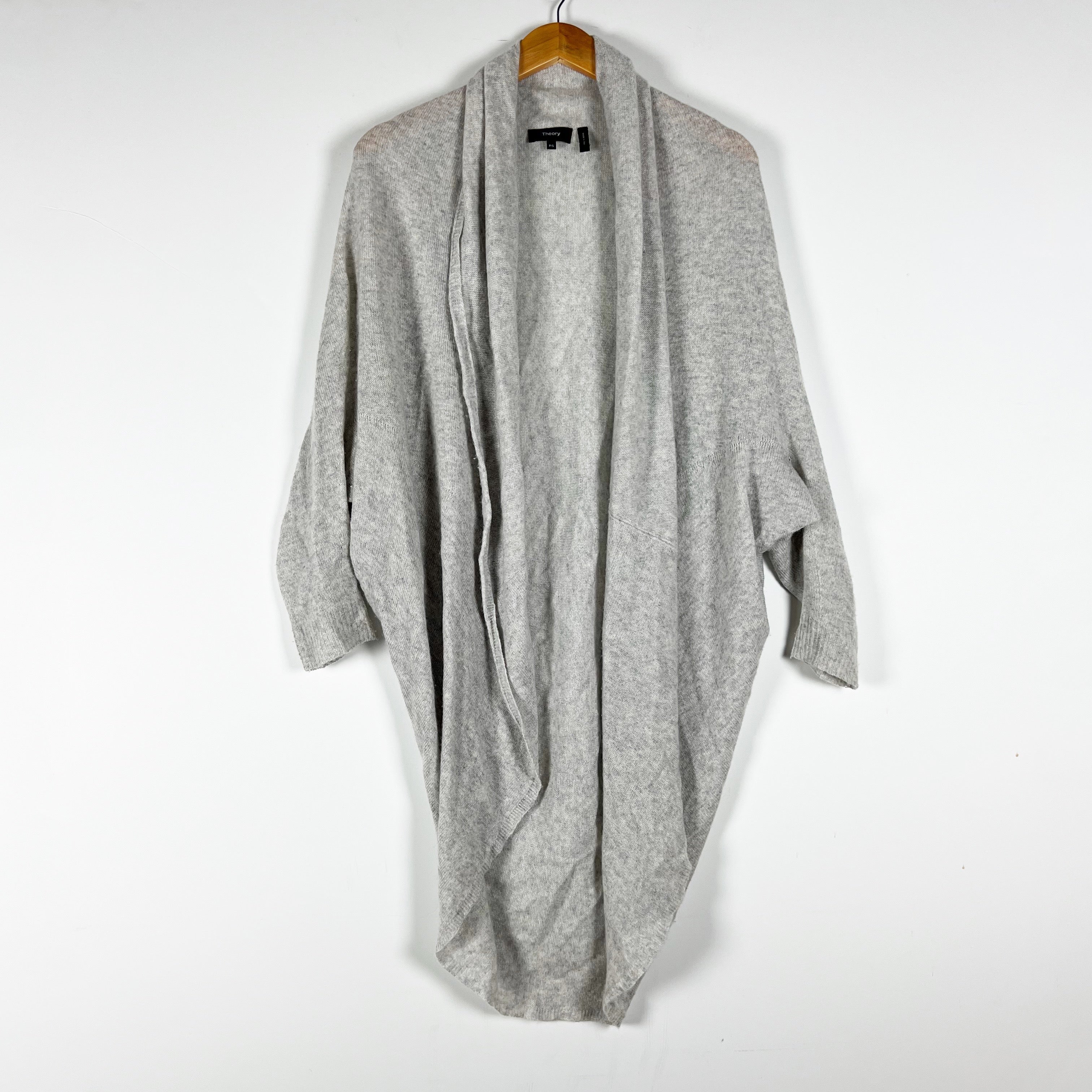 Theory Women's Long Curved Hem 100% Cashmere Knit Stretch Cardigan Sweater Gray