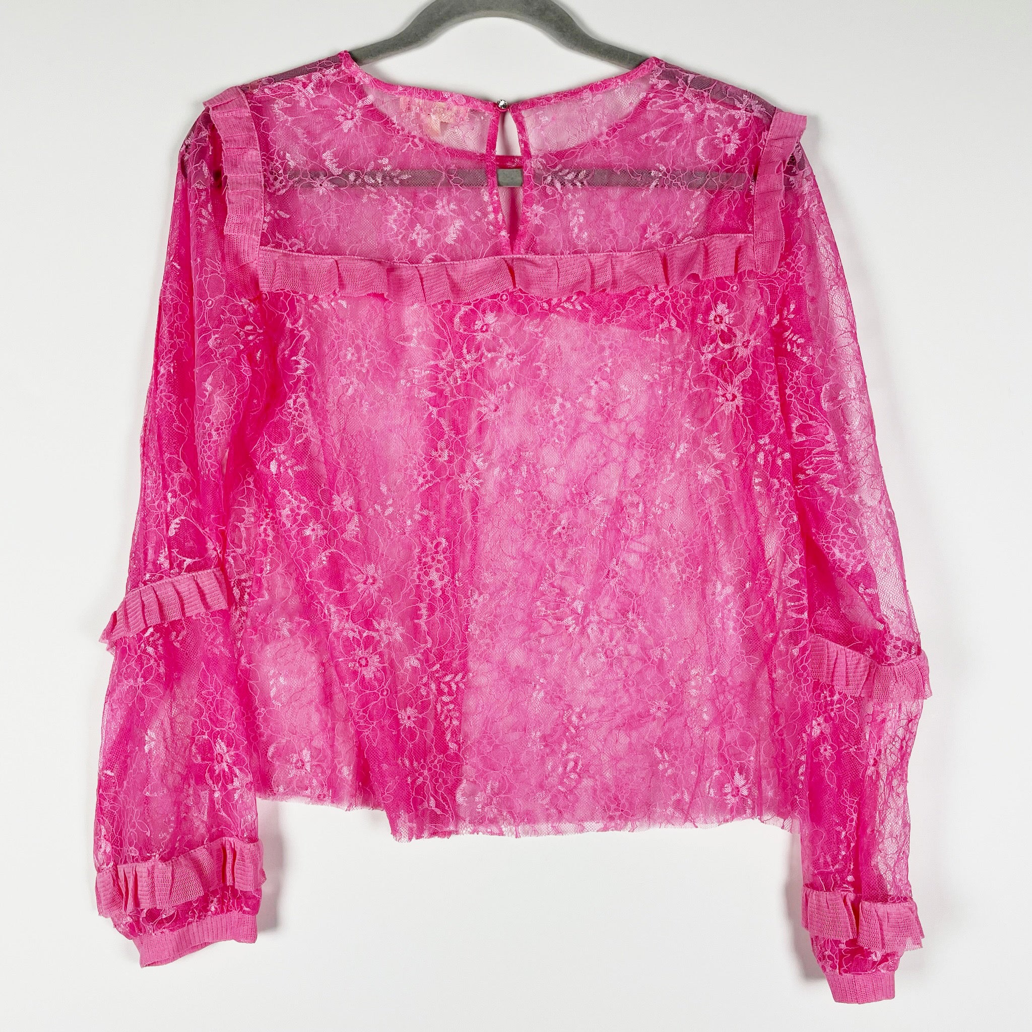 For Love And Lemons Sheer Pink Allover Lace Ruffle Long Sleeve Blouse Hot Pink S