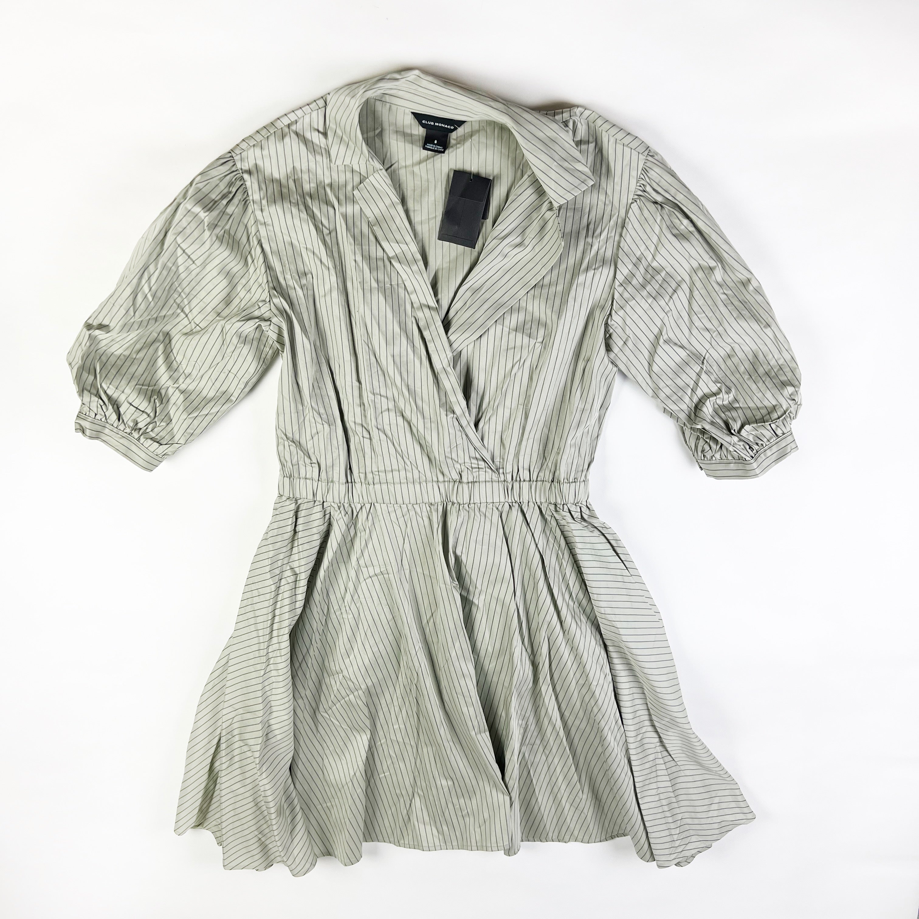 NEW Club Monaco Collar A Line V Neck Faux Wrap Robe Stretch Waist Mini Dress 8