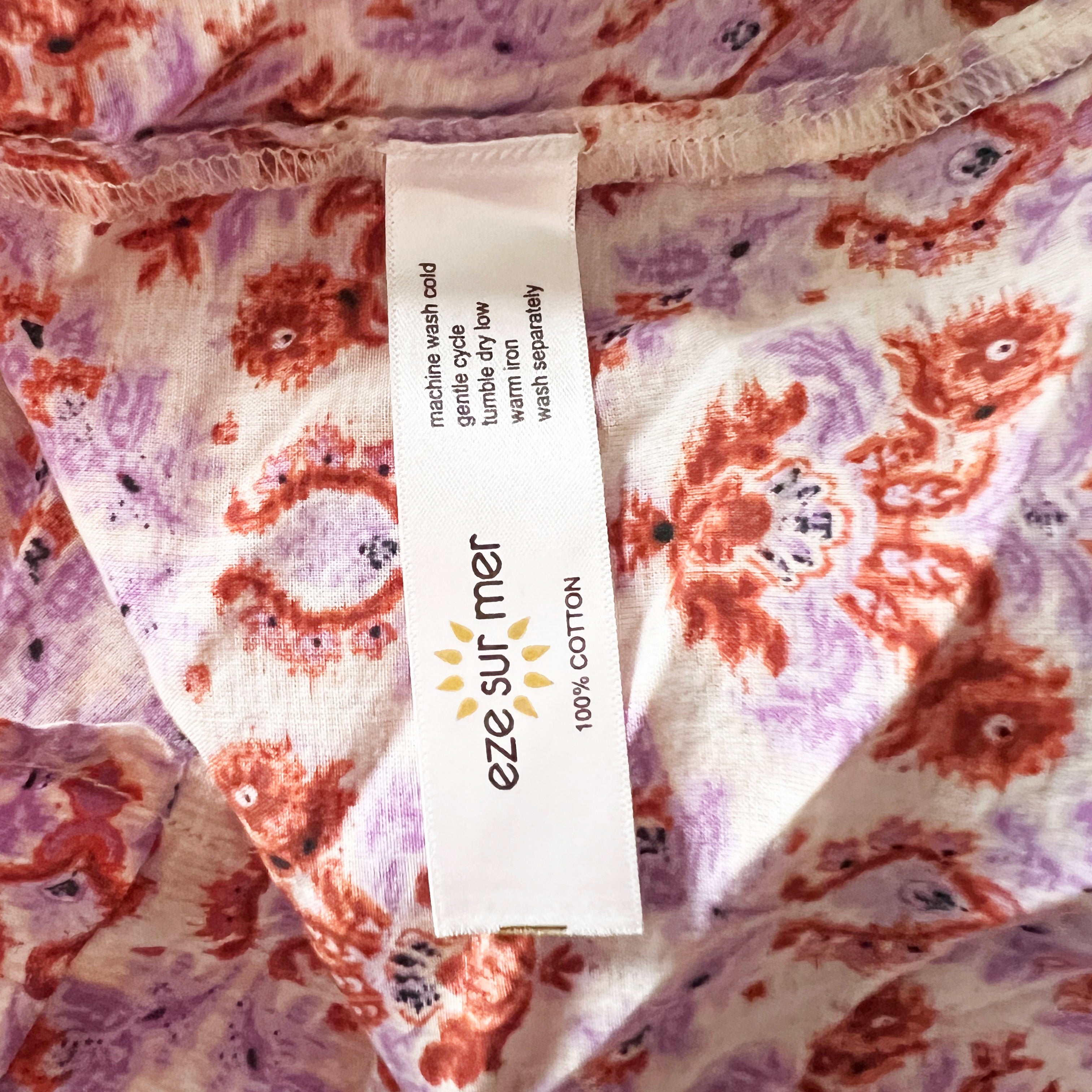 Eze Sur Mer Yvonne Cotton Multicolor Print Pattern Flowy Blouse Shirt Top Small